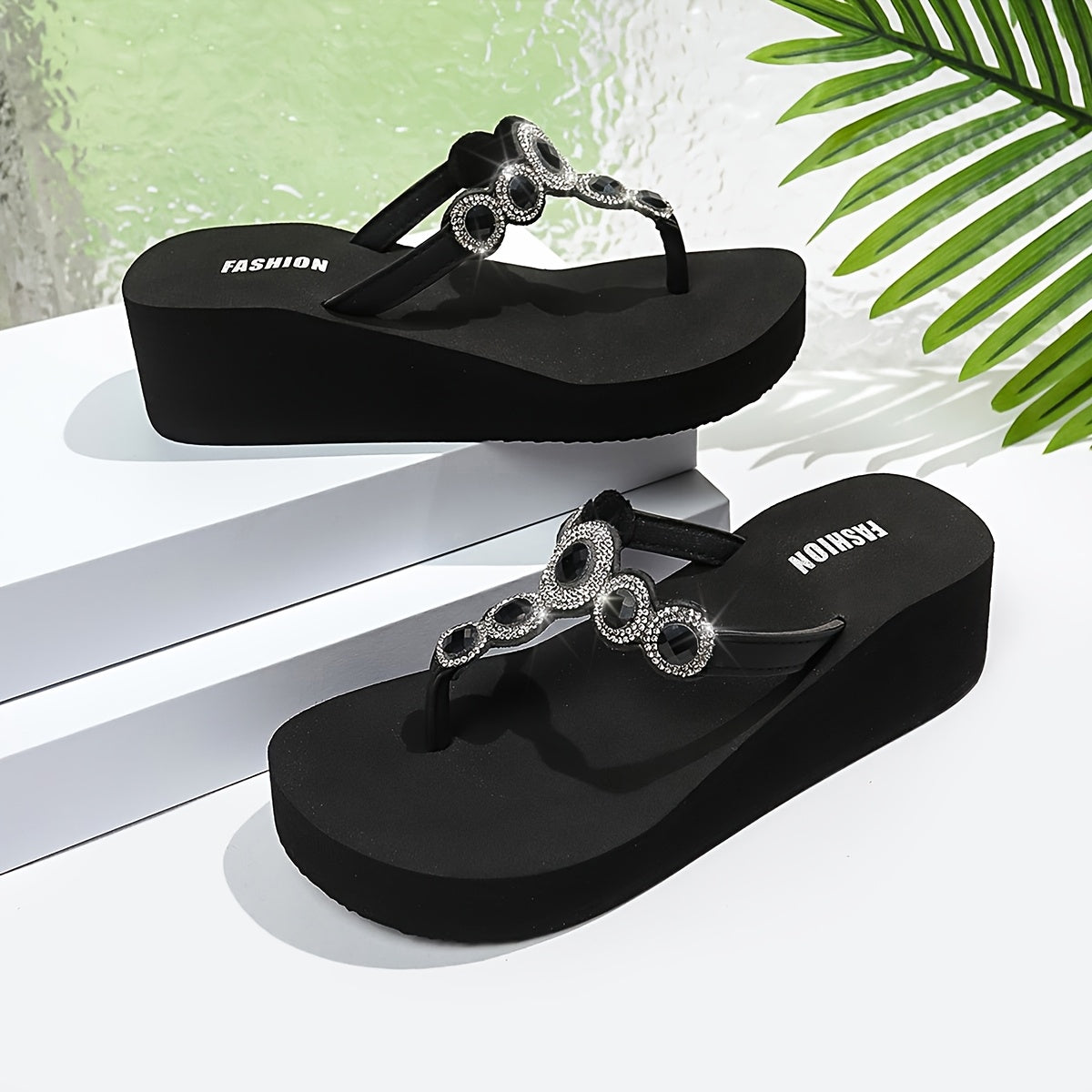 Elegant Women'S Rhinestone Wedge Shoes - Soft, Comfortable, Non-Slip, Breathable, Durable Summer High Heels with Ankle Strap, White & Black Options, Stylish Outdoor Footwear|Rhinestone Embellished Shoes|Eva Sole Shoes