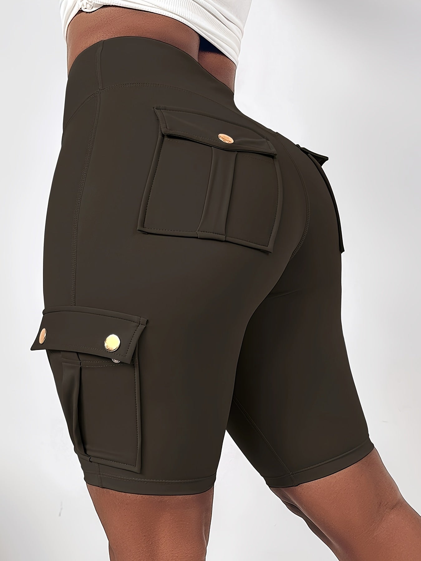 Women's High-Waisted Tummy Control Butt-Lifting Shorts with Flap Pockets - Breathable Summer & Casual Bermuda Cargo Shorts, Machine Washable Solid Black, High Waisted Shorts