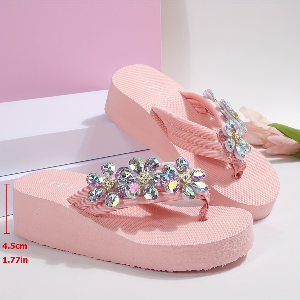 Women's Rhinestone Floral Slip-On Sandals - Thick EVA Sole Mid-Heel Slide Shoes with Elastic Ankle Strap, Lightweight Summer Beach Vacation Footwear for Casual Outings, Strappy Sandals, Glittering Shoe Design, Slipon Construc