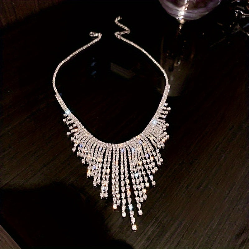 Luxurious Shiny Zirconia Tassel Necklace, Fashionable Japanese And Korean Style, Copper Base, Women'S Daily Accessories, Elegant Throughout The Four Seasons