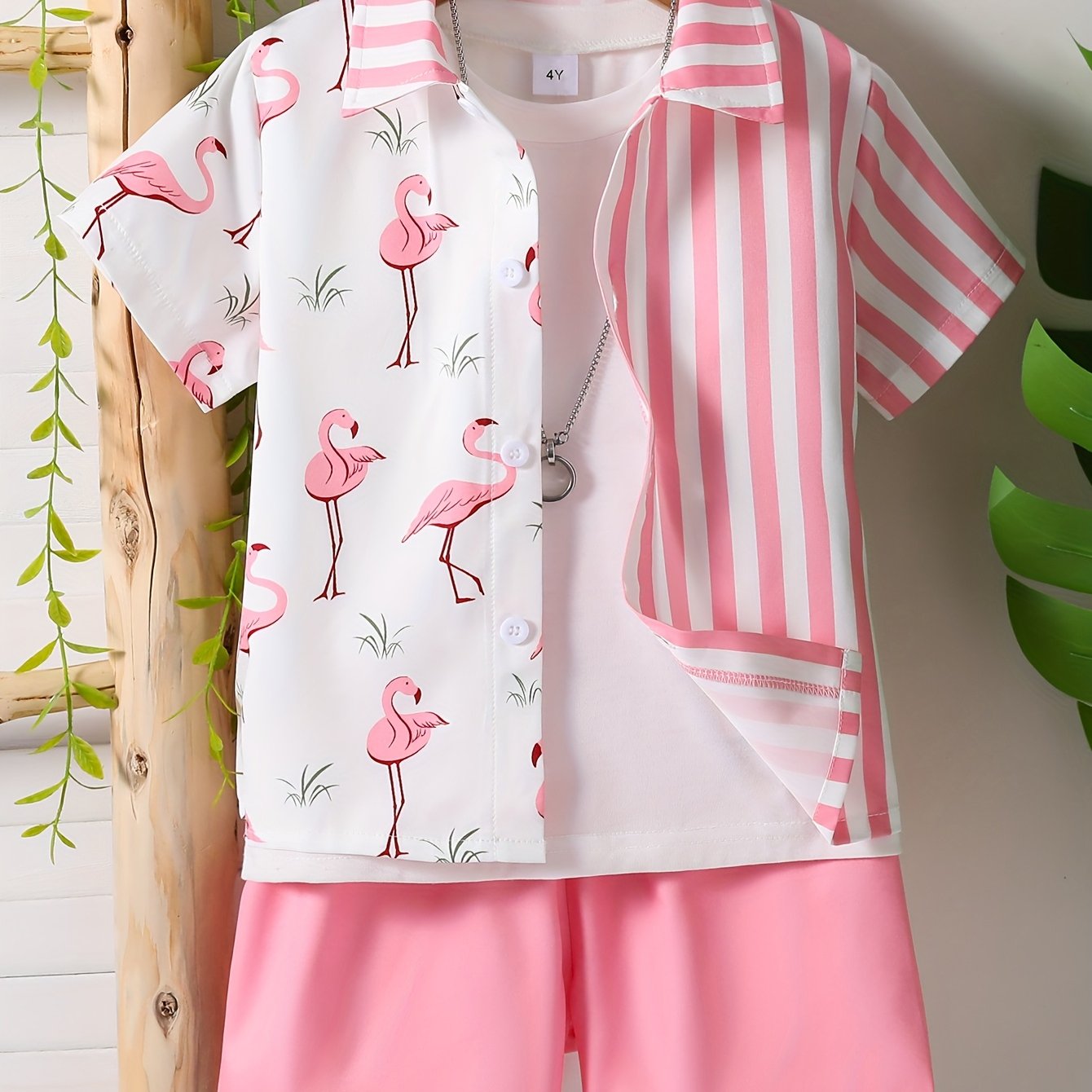 1 set (2pcs) - Youngsters'S Flamingo Print Short Sleeve Shirt and Shorts Set - Cute Fashionable Summer Outfit Suitable for Casual Attire and Beach Vacation (Excluding White T-Shirt), Perfect for Outdoor