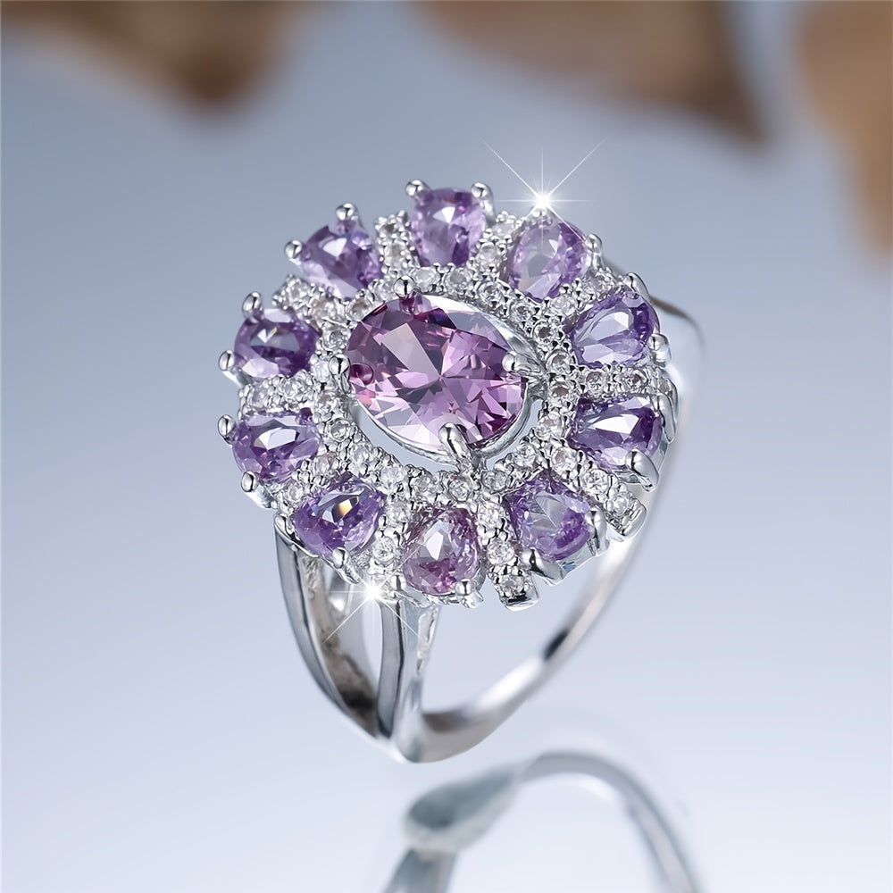 A Ring Featuring a Teardrop-Shaped Floral Design with a Silvery Oval-Cut Purple Faux, Perfect for Weddings, Engagements, Or Valentine'S Day Gifts., For Teenager