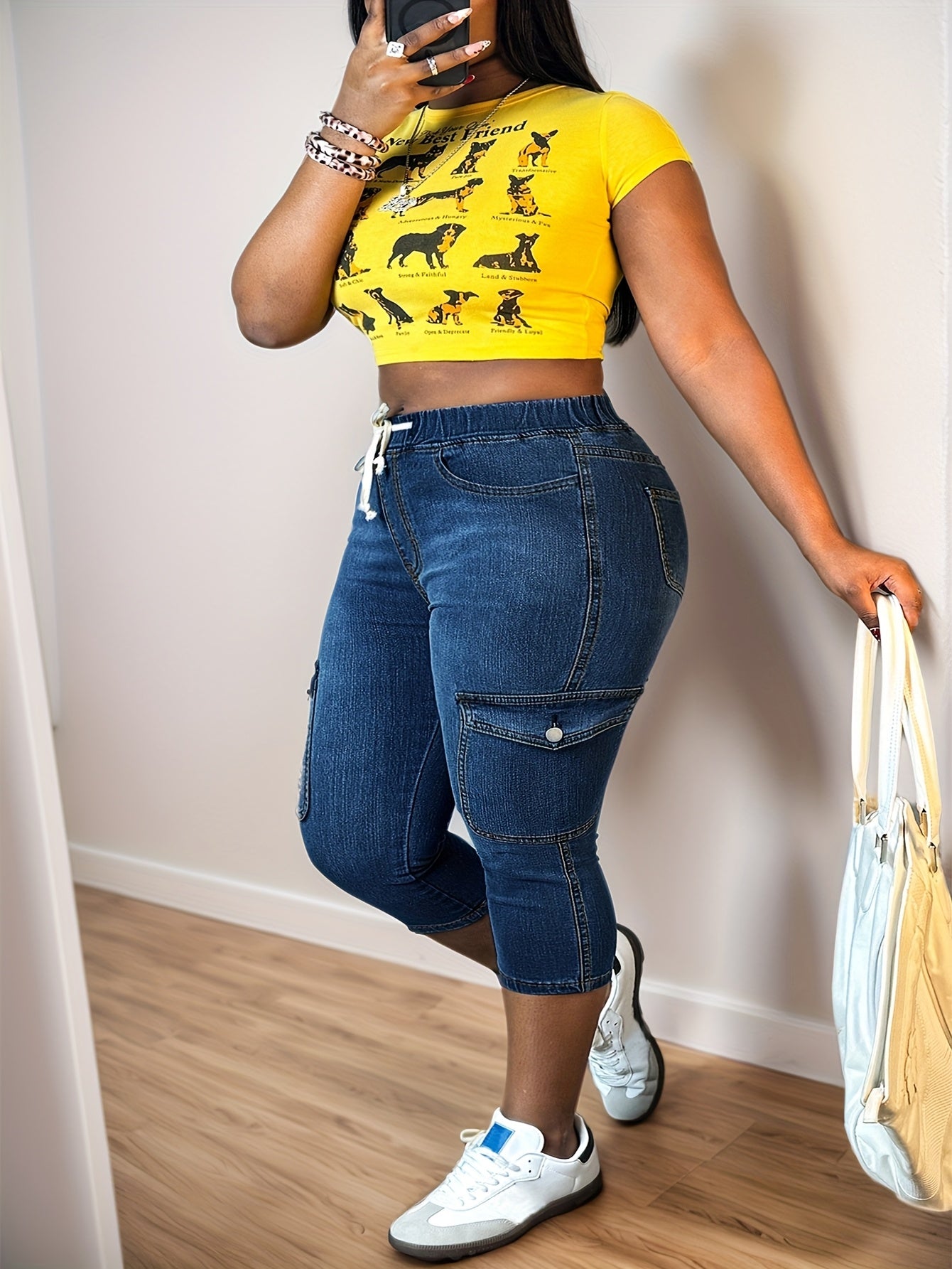 Women's Plus Size Slim-Fit Stretchy Capri Jeans - Drawstring Waist, Side Pockets, Mid-Stretch Denim, Machine Washable 3/4 Length Pants for Spring/Summer/Fall Casual Street Style, Spring Fall Attire, Stretchable Denim