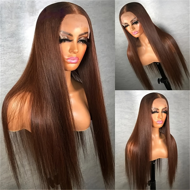 Chocolate Brown Straight Lace Front Wig - 13x4 HD Transparent Human Hair, 200% Density, Pre-Plucked with Baby Hair, Glueless Design for a Sleek, Natural Look