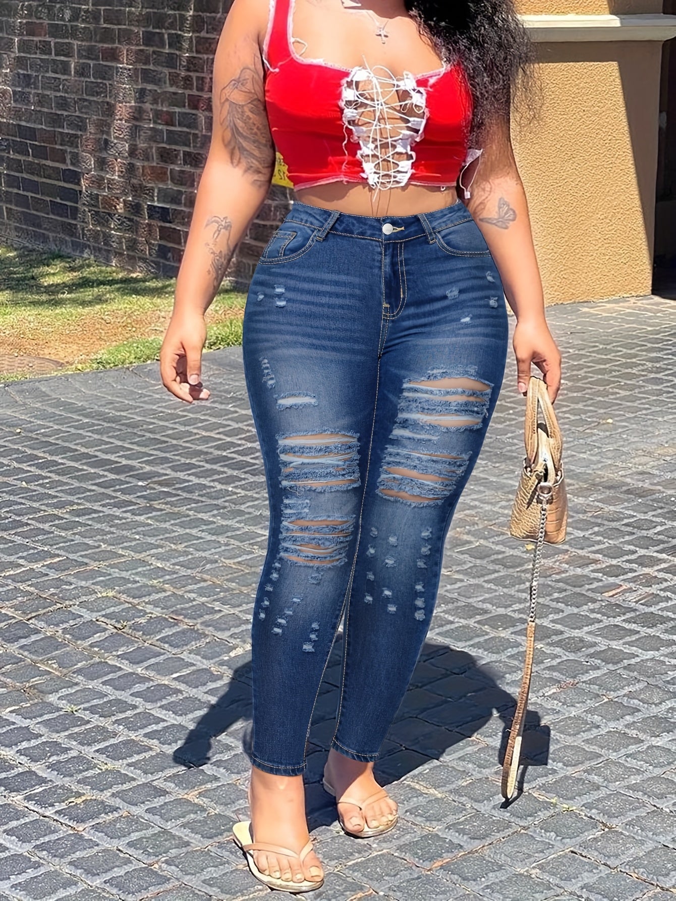 Plus Size Casual Jeans, Women'S Plus Washed Ripped Button Fly Fringe Trim High Stretch Skinny Jeans