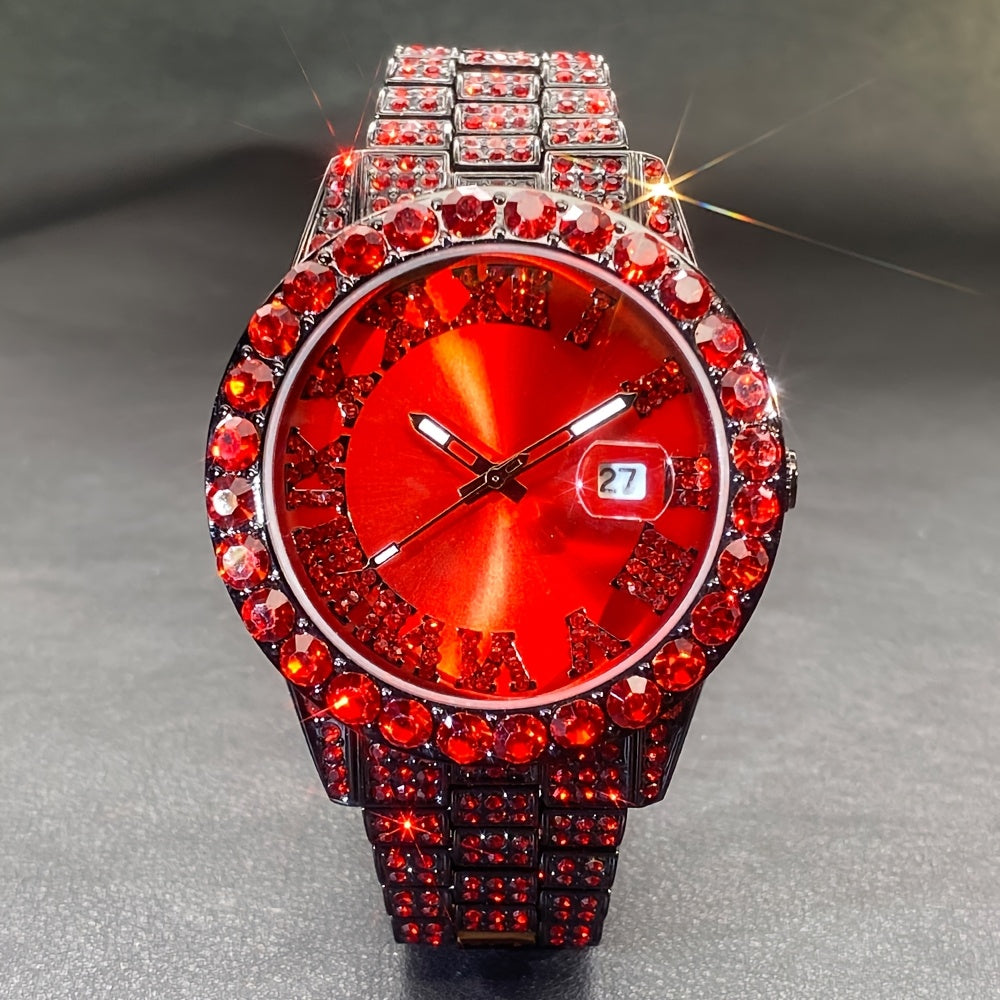 Luxury Ice Blue Rhinestone Quartz Watch for Men & Women - Sparkling Rhinestone-Encrusted Dial, Alloy Case & Band, Date Calendar Display, Battery-Powered Round Party Watch for Mardi Gras, Ramadan, Spring Festival Gifts, Bling