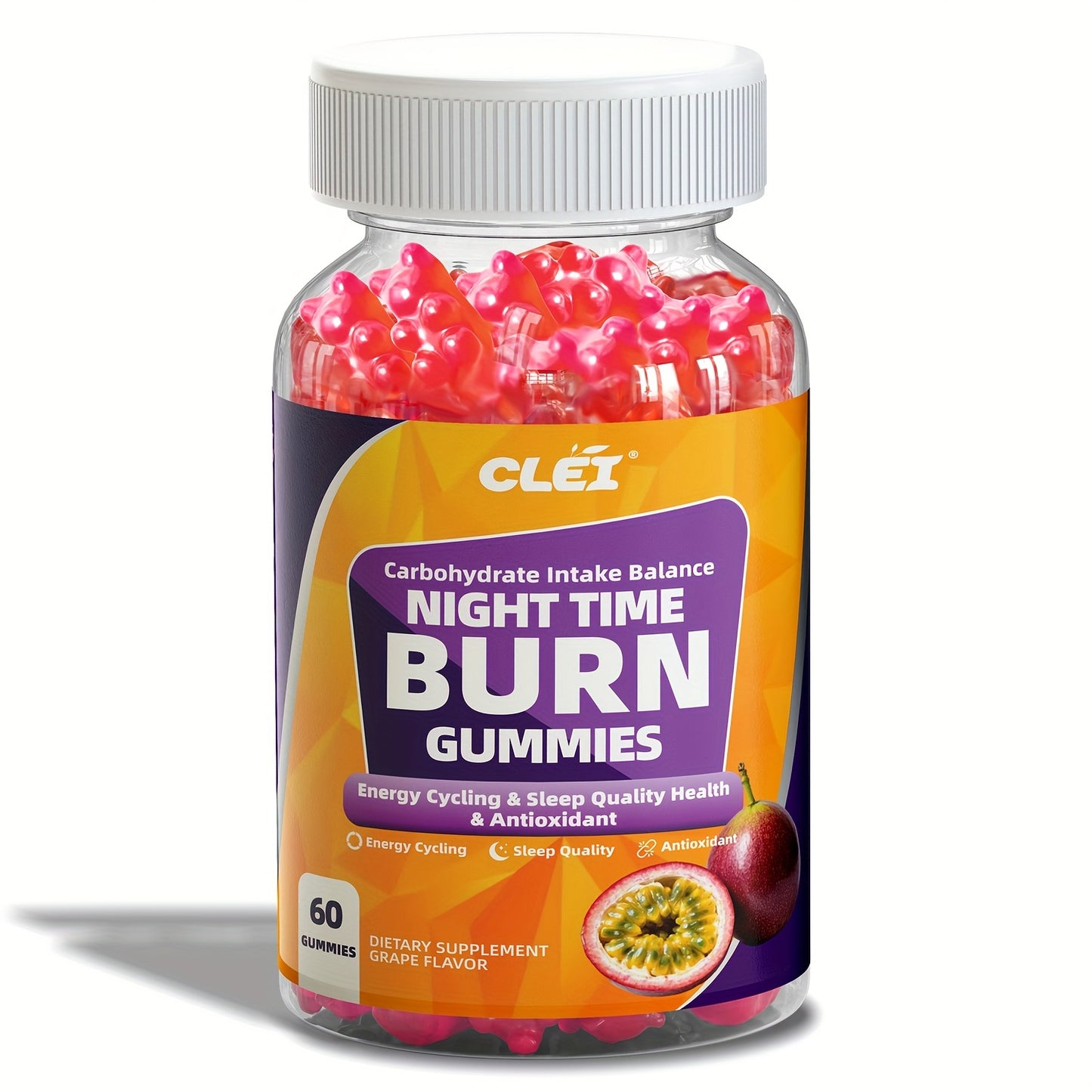 CLEI-NIGHT TIMEBURN Antioxidant Gummies with White Kidney Bean Extract, Green Coffee Bean Extract, Lemon Balm, Melatonin & Passionflower - 60 Gummies for Sleep Aid, Mood Support & Nighttime Digestion, Gentle Nighttime Formula