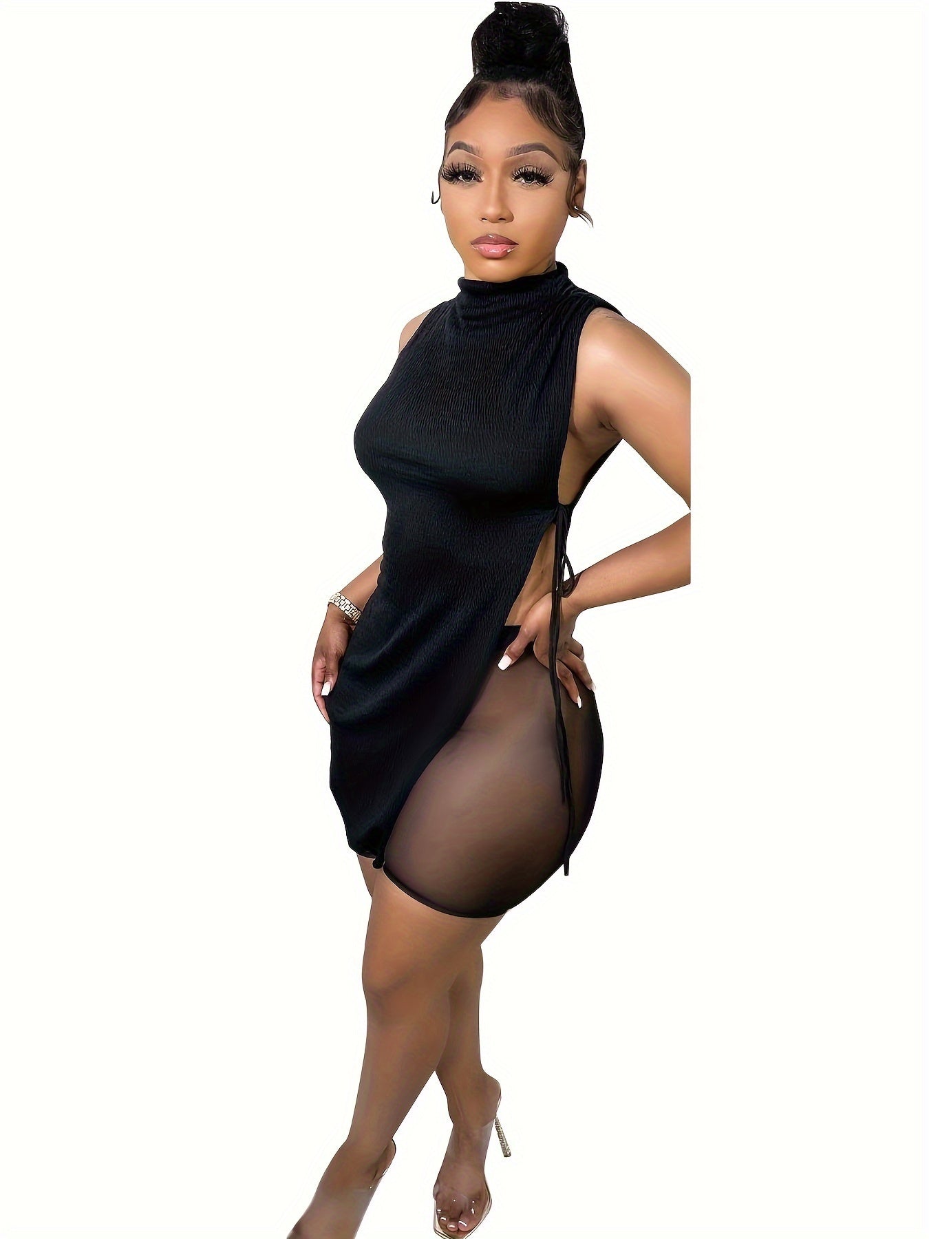 OL6107 - New Women'S Asymmetric High-Waist Mesh Shorts Set with Black Turtleneck Top, Stylish Vacation Attire, Polyester Blend, High Neck, Mesh Detail, Vacation Attire|Asymmetric Top|Polyester Blend