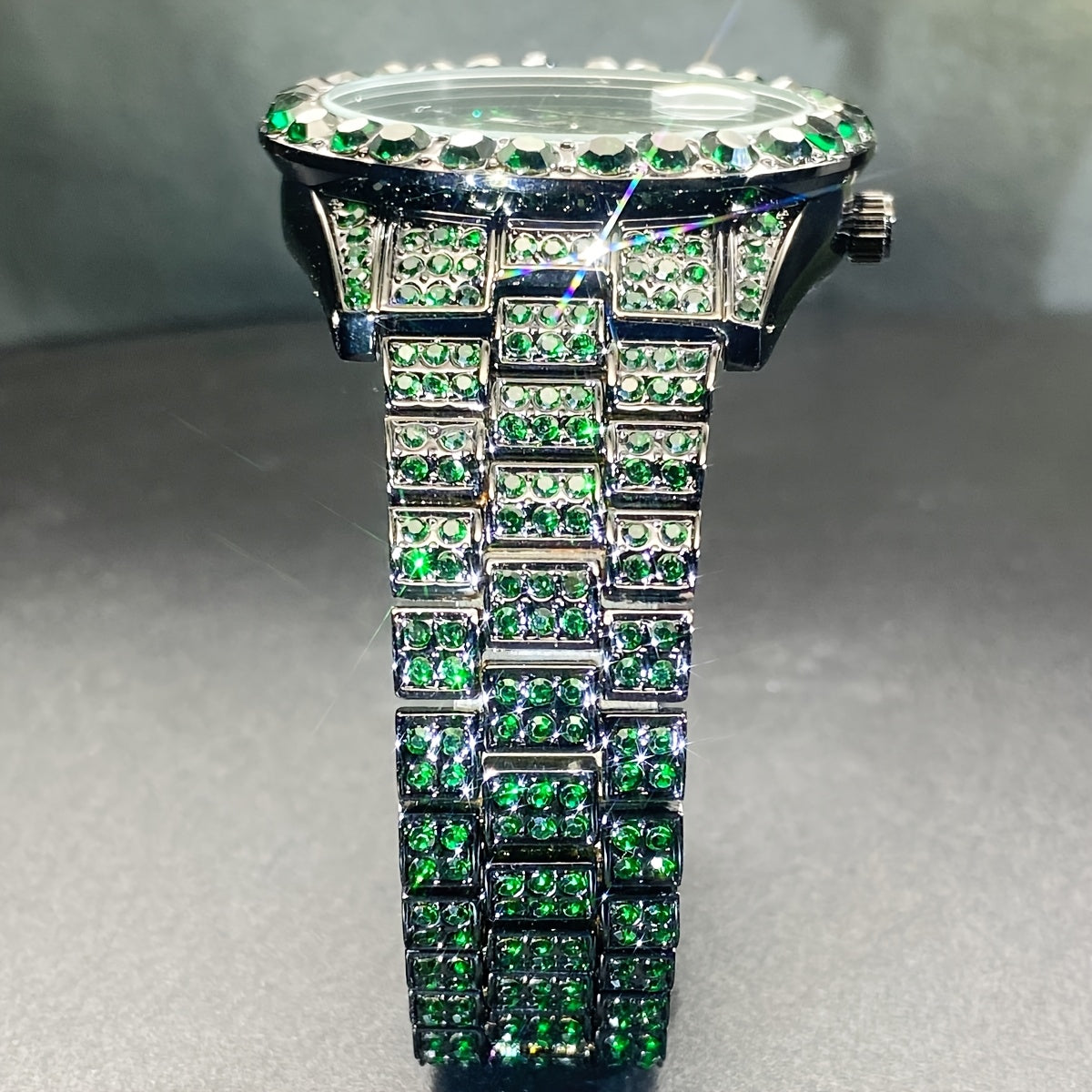 Luxury Ice Blue Rhinestone Quartz Watch for Men & Women - Sparkling Rhinestone-Encrusted Dial, Alloy Case & Band, Date Calendar Display, Battery-Powered Round Party Watch for Mardi Gras, Ramadan, Spring Festival Gifts, Bling