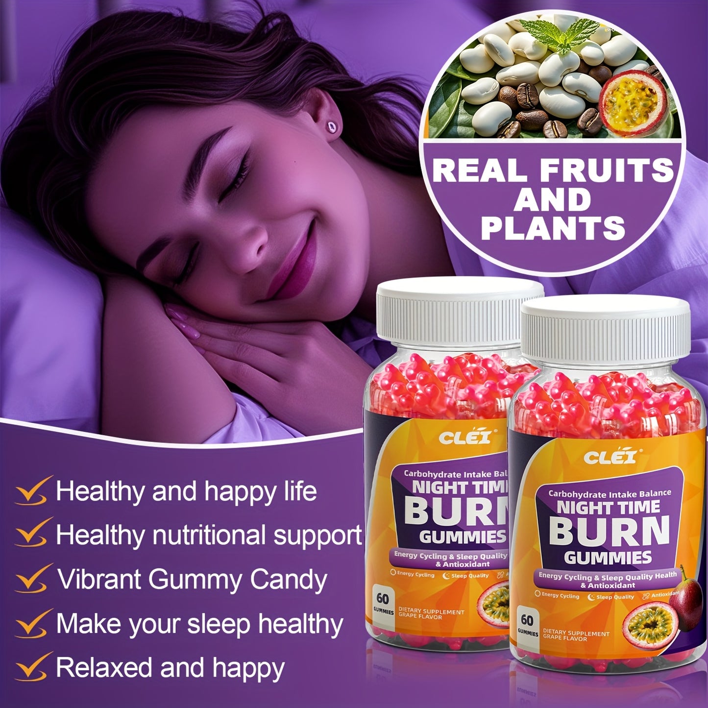 CLEI-NIGHT TIMEBURN Antioxidant Gummies with White Kidney Bean Extract, Green Coffee Bean Extract, Lemon Balm, Melatonin & Passionflower - 60 Gummies for Sleep Aid, Mood Support & Nighttime Digestion, Gentle Nighttime Formula