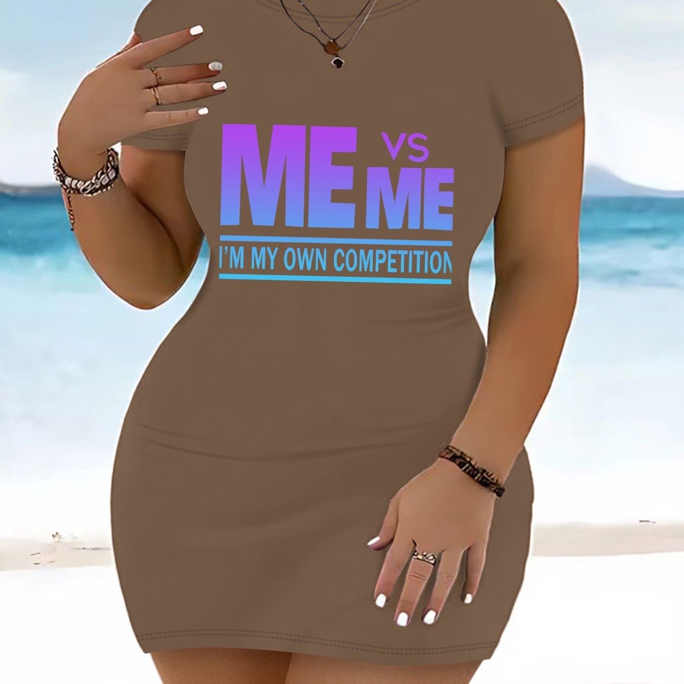 Plus-Size Women'S Fashion Letter Print Casual Sporty Fitted T-Shirt Dress Bodycon Dress