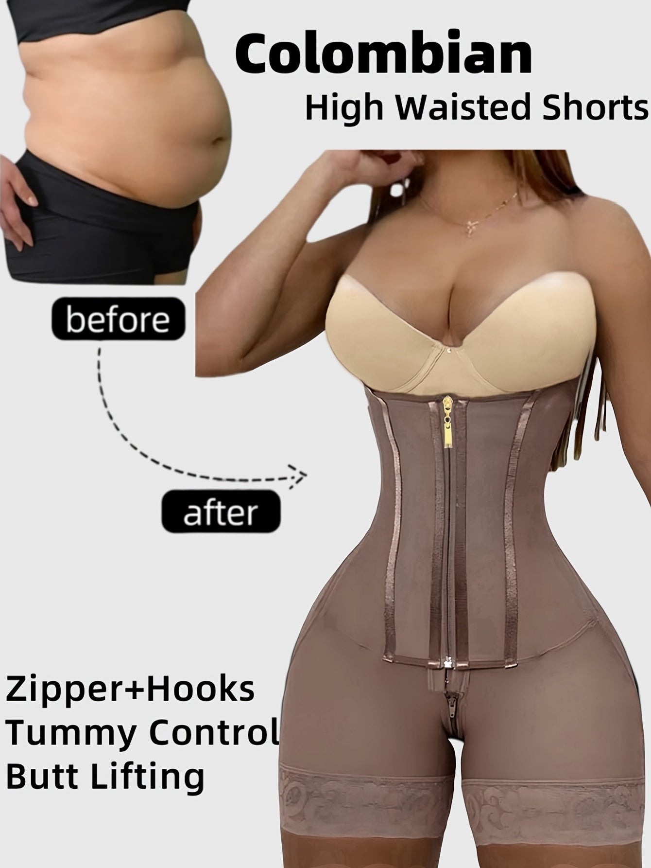 1pc Women'S High Waisted Shapewear Shorts, Fajas, Tummy Control And Butt Lift Pants, Adjustable Zipper Body Shaper Slim Shapewear Bottoms For Women, Waist Trainer, Enhance Self-Confidence, Suitable For Various Occasions, Spor