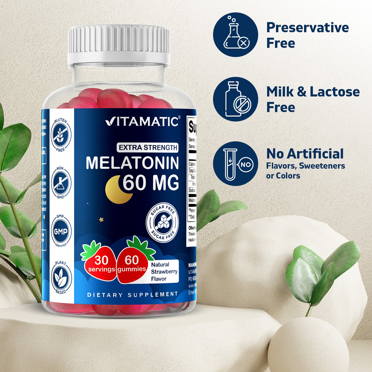 Vitamatic Sugar Free Melatonin 60mg - 60 Vegetarian Gummies - Non-Habit Forming Supplement