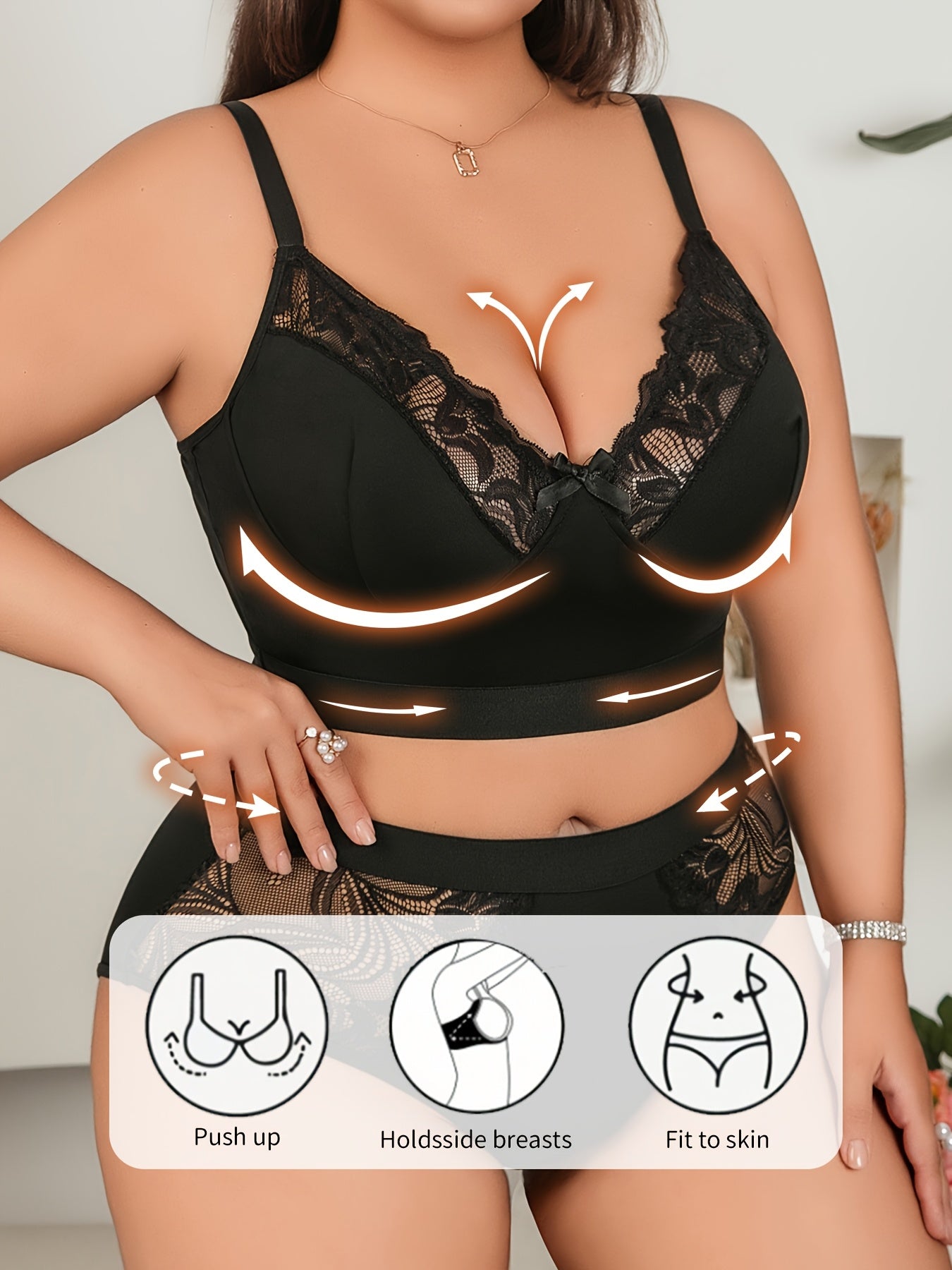 Plus Size Sexy Lace Lingerie Set Lace Lace Neckline Bowknot Backless Bra Sexy Semi-Sheer Temptation Erotic Lingerie Panties Two Sets