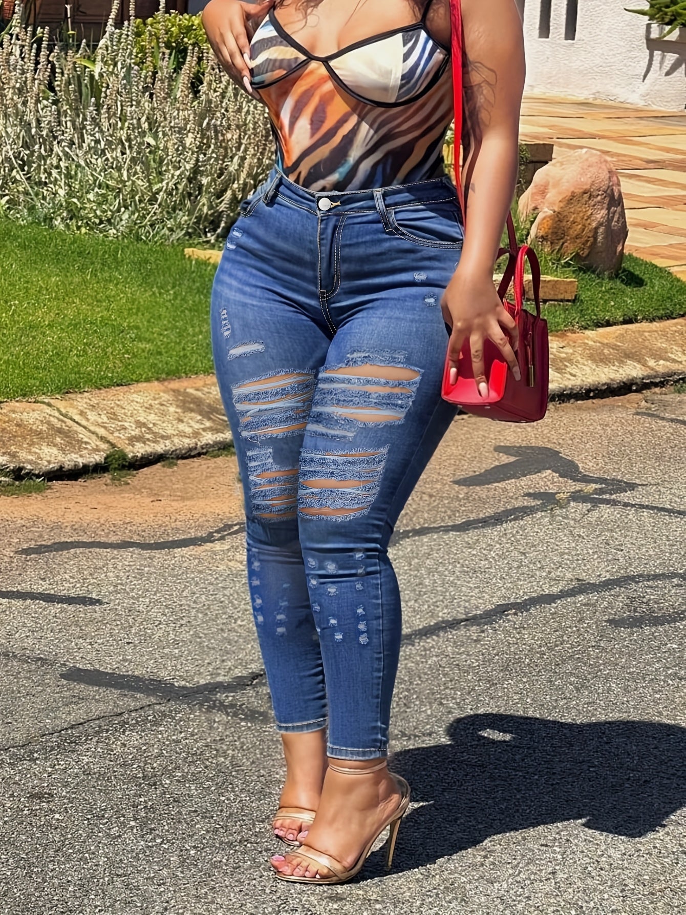 Plus Size Casual Jeans, Women'S Plus Washed Ripped Button Fly Fringe Trim High Stretch Skinny Jeans
