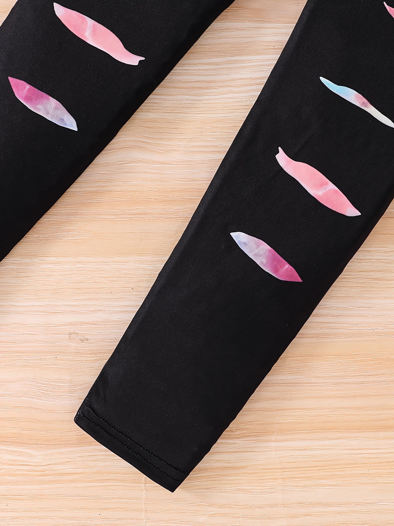 2pcs Girls' Fashionable Spring/Autumn Outfit - "SUNSHINE" Letter Print Tie-Dye Long Sleeve Top & Faux Ripped Print Elastic Waist Pants Set, Breathable Comfortable Casual Streetwear for Youngsters & Teens, Spring Fashion, Vibr