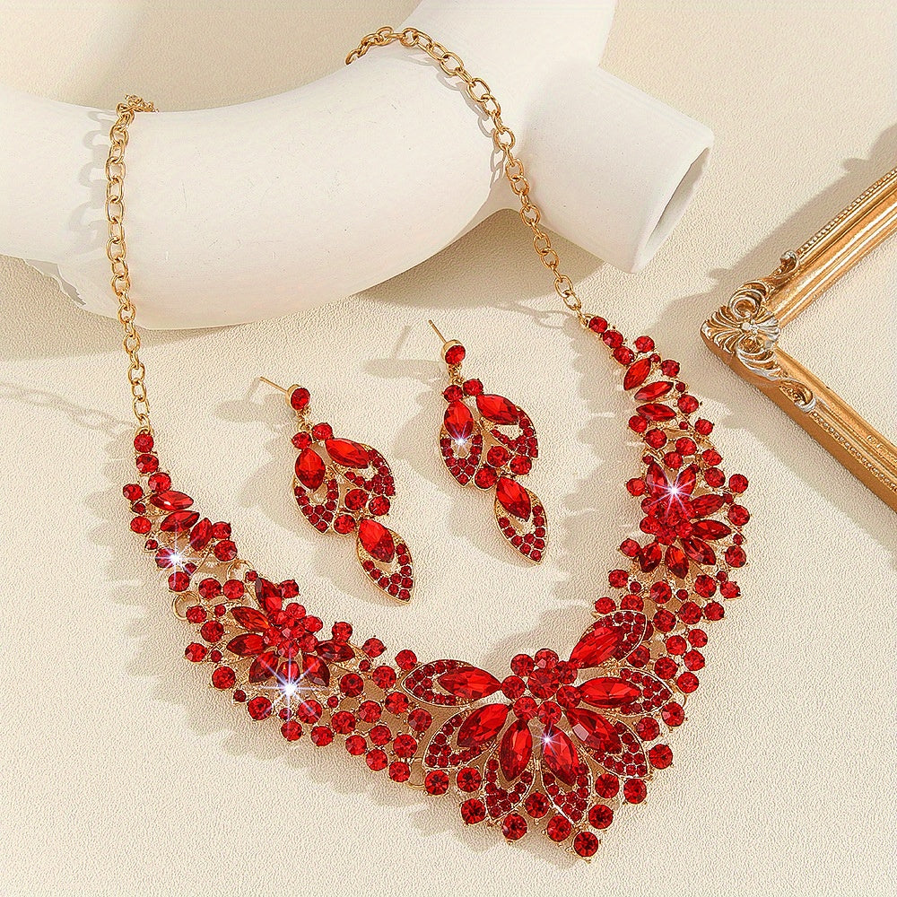2pcs Bold Red Lab-Created Artificial Crystal Necklace& Earrings Set, Bridal Wedding Jewelry Gift for Women, Statement Anniversary Valentine's Day Accessories for Bride, Luxe Artificial Crystal Bridesmaid Set