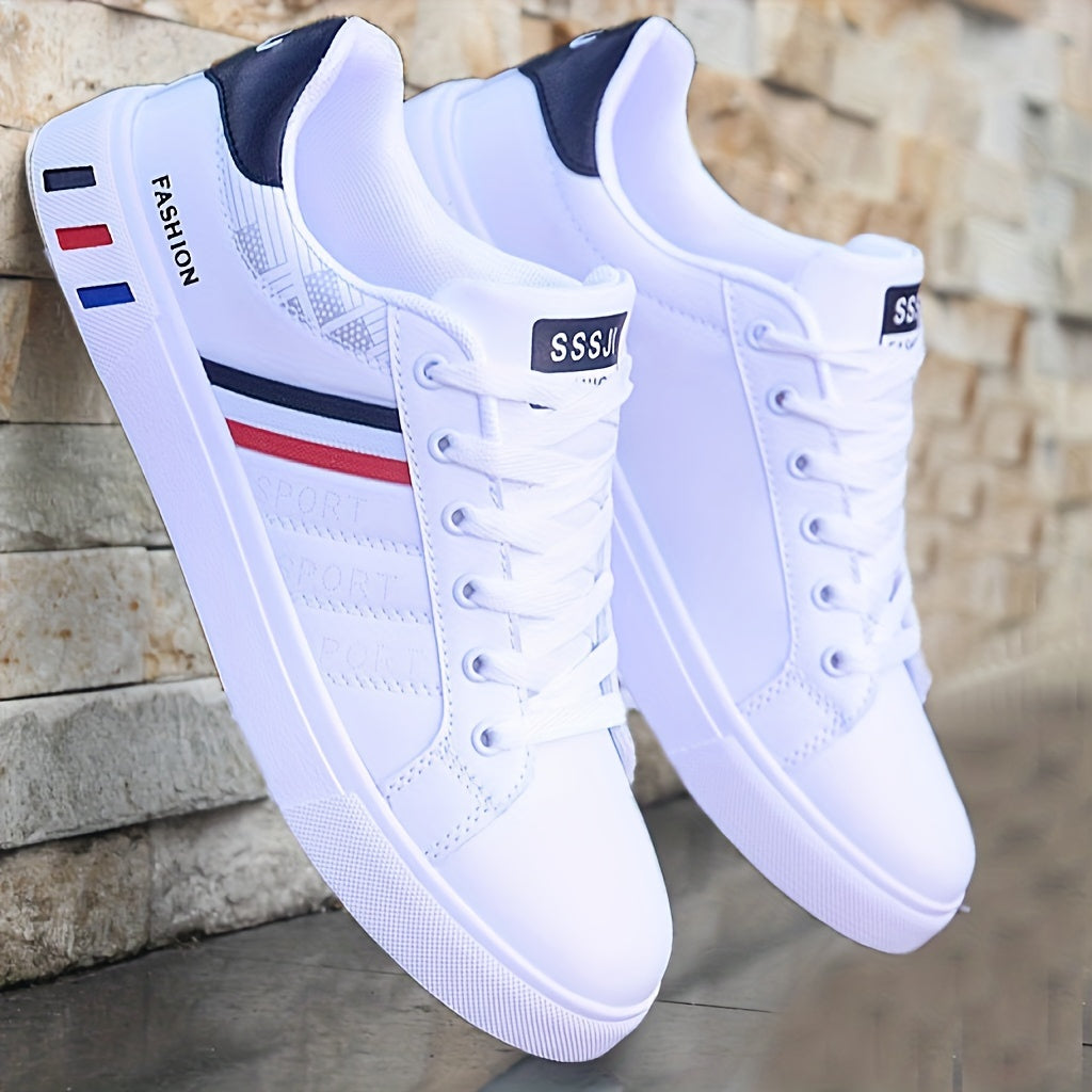 NVSHIXIUXIANPINGDI Women's Casual Flat Sneakers - Sporty White with Blue & Red Stripe, Lace-Up, Lightweight EVA Material, All-Season Comfort Shoes, Cute Shoes