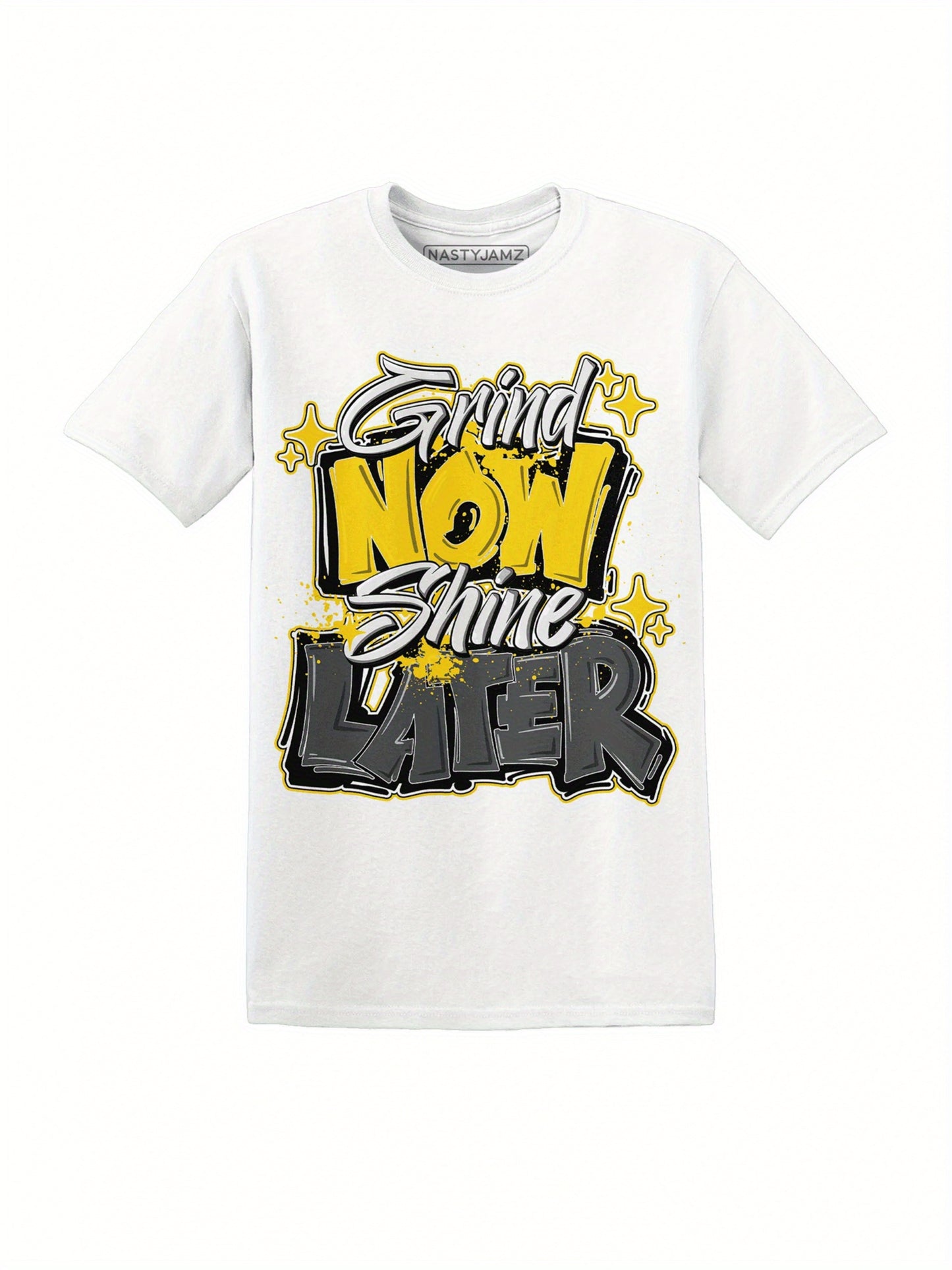 Men's Retro Streetwear T-Shirt with Bold 'GRIND NOW LATER' Graphic Print - 100% Soft Cotton, Pre-Shrunk & Machine Washable, All-Season Comfort, Regular Fit Crew Neck Tee in Bright Yellow & Black on White Base for Casual, Spor
