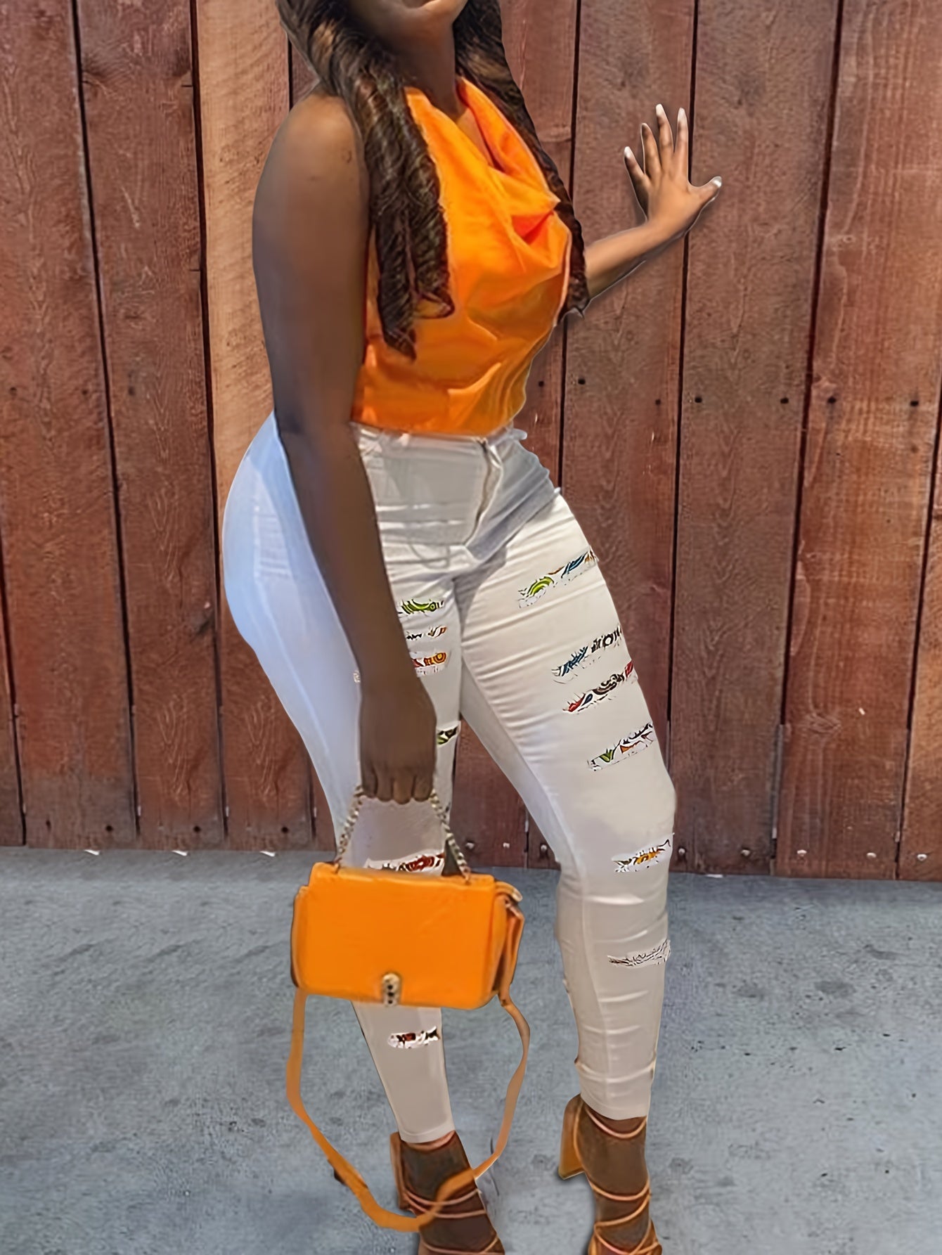Women's Plus Size Casual Skinny Printed Patchwork Ripped Denim Jeans With Stretch, Full Length Pencil Pants, Fashion Printed Trousers