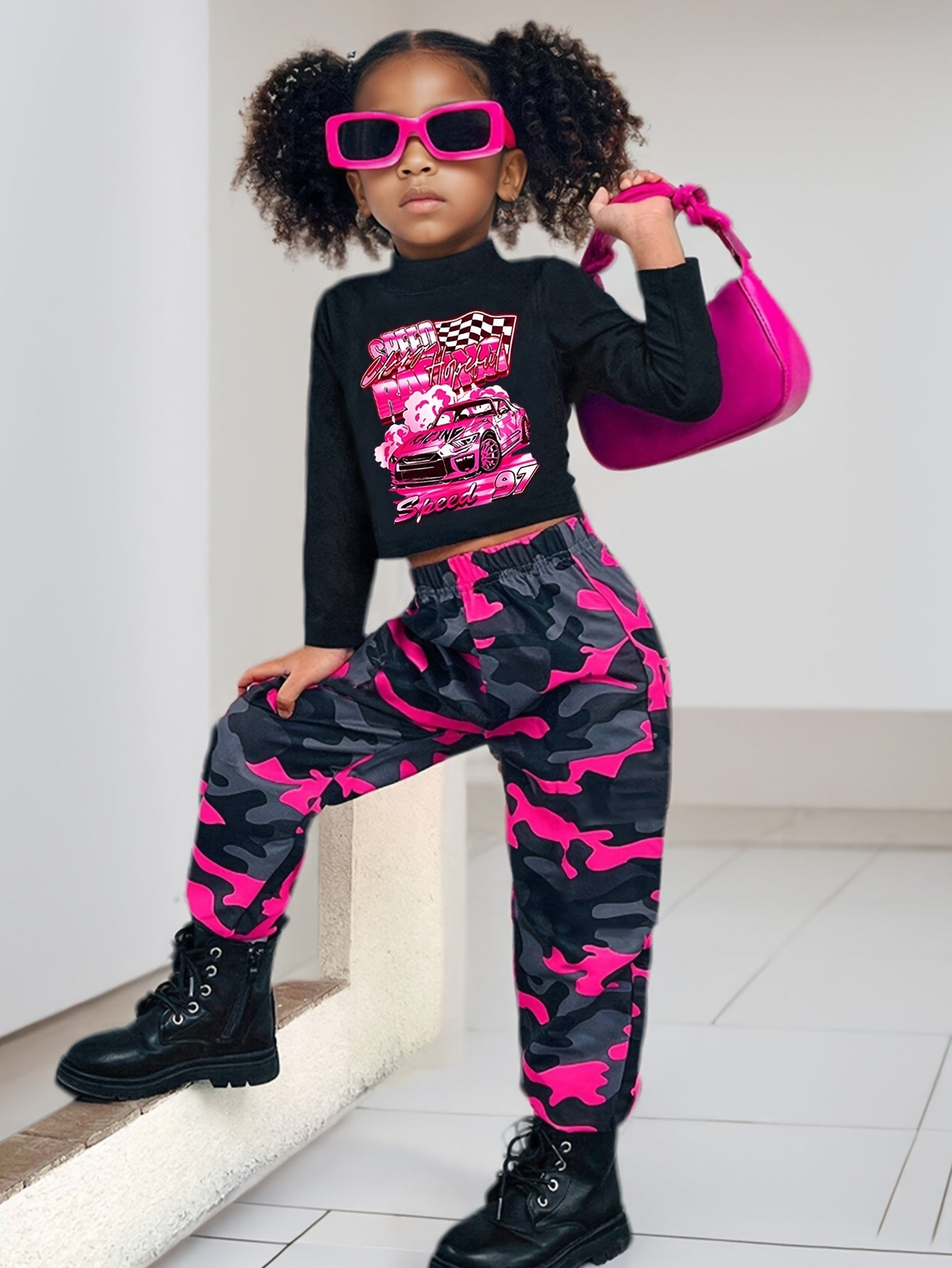 Girls 2pcs Set: Black Small High Collar Long Sleeve Pattern T-shirt + Camouflage Work Bag Jogging Pants, Suitable for Autumn, Suitable for 3 Years Old and Above, for Outdoor