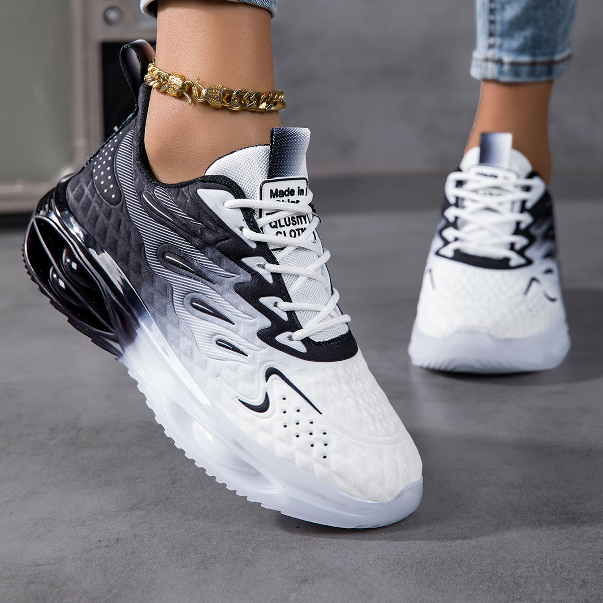 Women's Lightweight Breathable Mesh Running Shoes - Shock-Absorbing Thick Sole, Geometric Design Sport Control Sneakers with EVA Cushion & Rubber Grip, All-Season Casual Gift for Her, Comfortable Fabric Insole