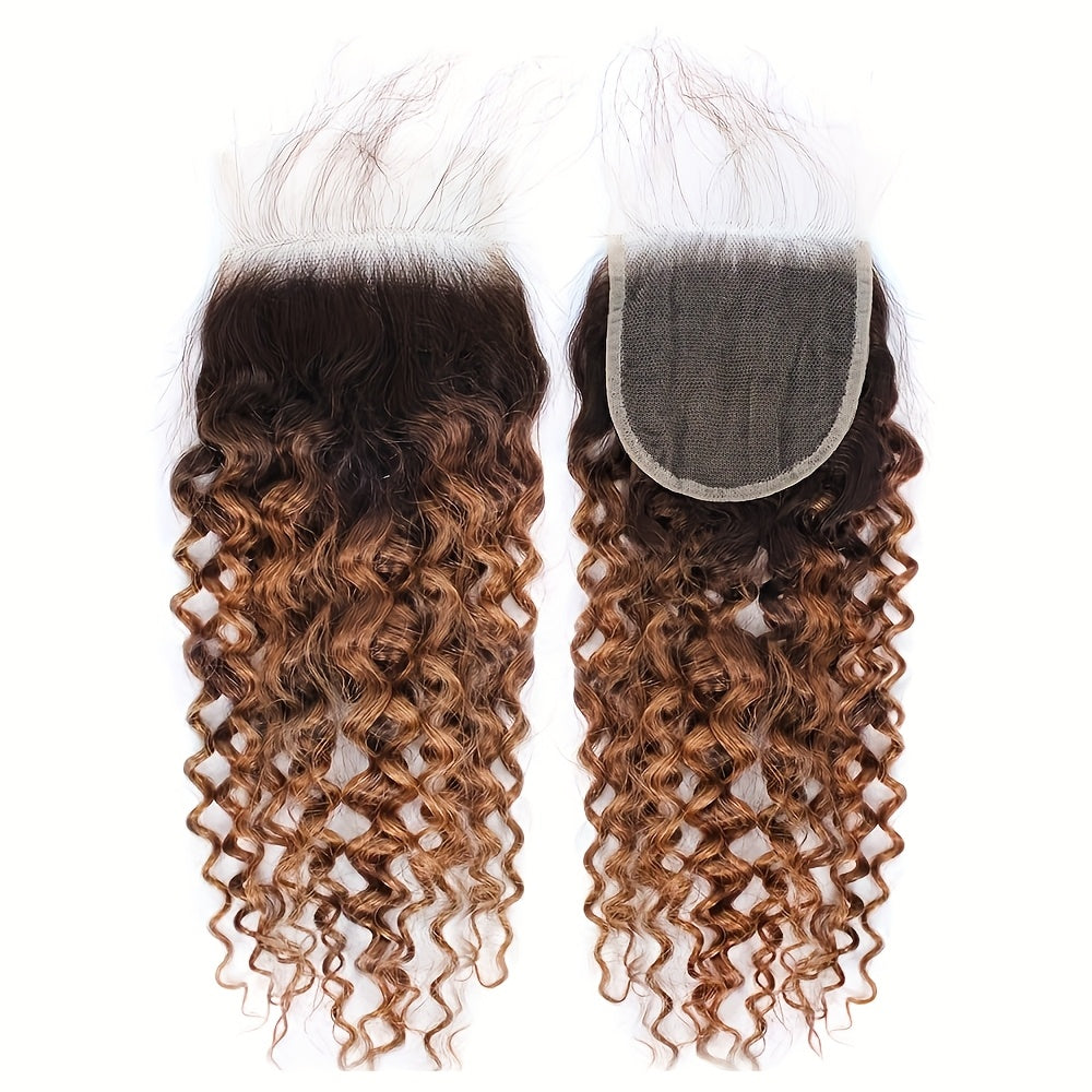 3 Bundles Brazilian Virgin 100% Unprocessed Human Hair Extensions - 4x4 Lace Closure, Ombre Color (T4/30 Medium Brown/Reddish Brown), Curly Wave Texture for Women, All Ethnicities, Natural Look & Versatile Styling, Realistic