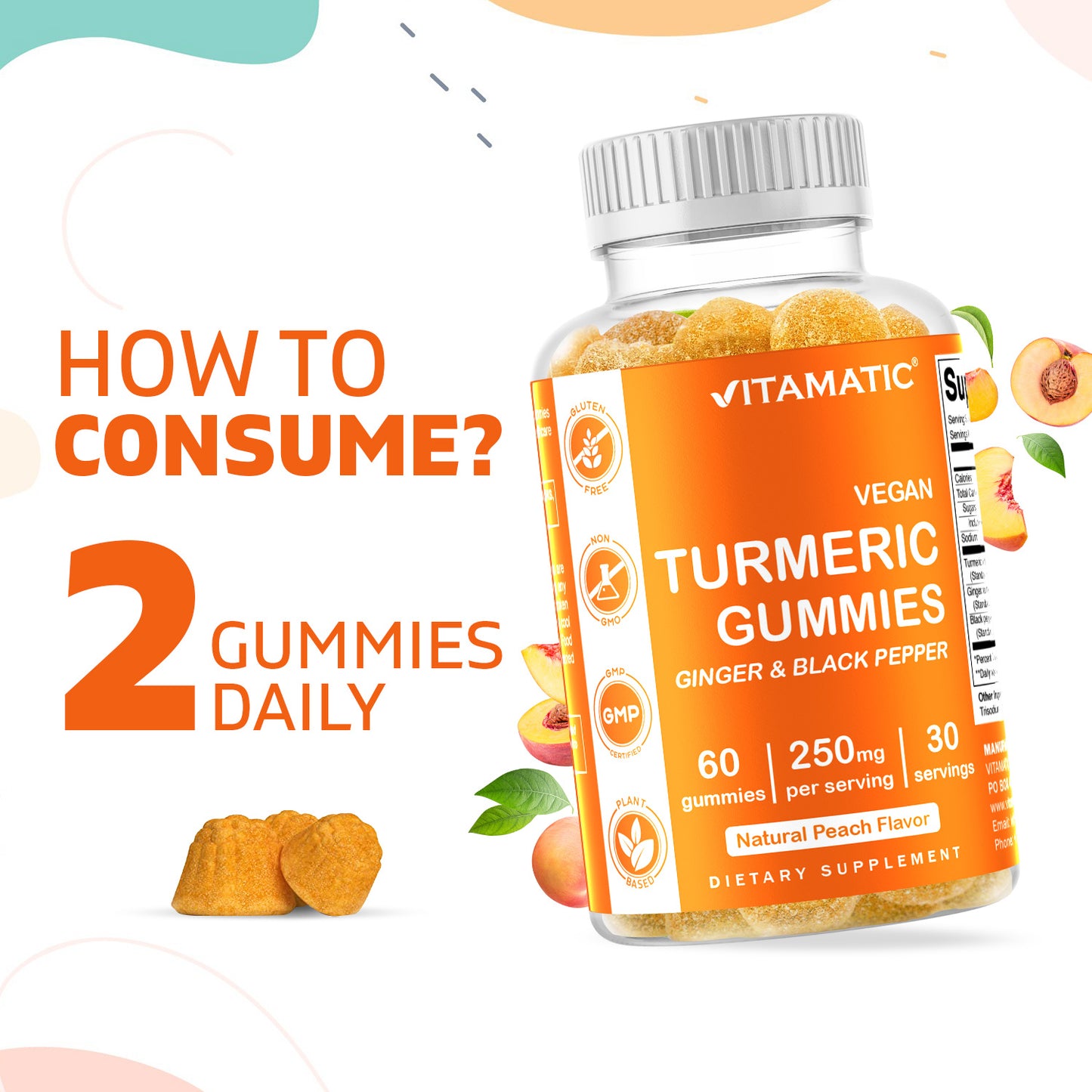 Vitamatic Turmeric Gummies with Ginger & Black Pepper Extract - 95% Curcuminoids - 60 Vegan Gummies
