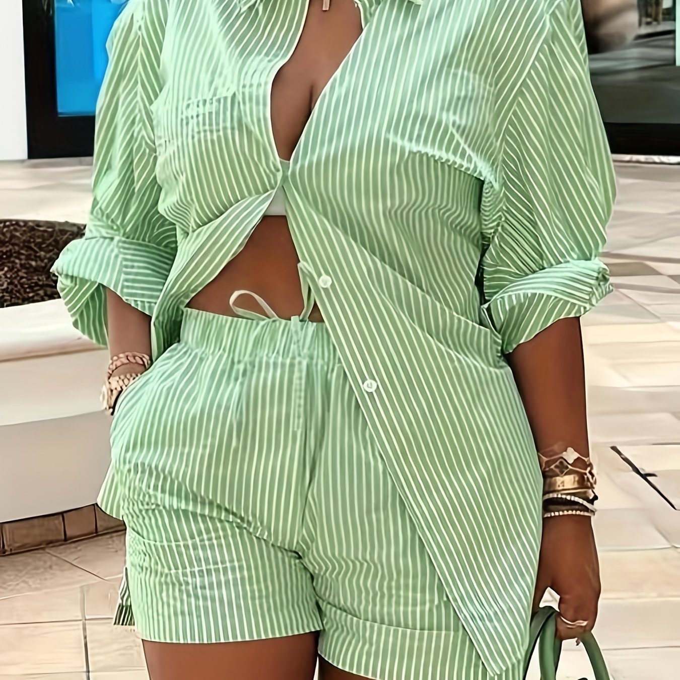 Plus Size Women's Chic Striped Print Two-Piece Set-Long Sleeve Button Shirt and Elastic Waist Shorts with Pockets, Perfect for Spring and Summer Fashion Casual Outings