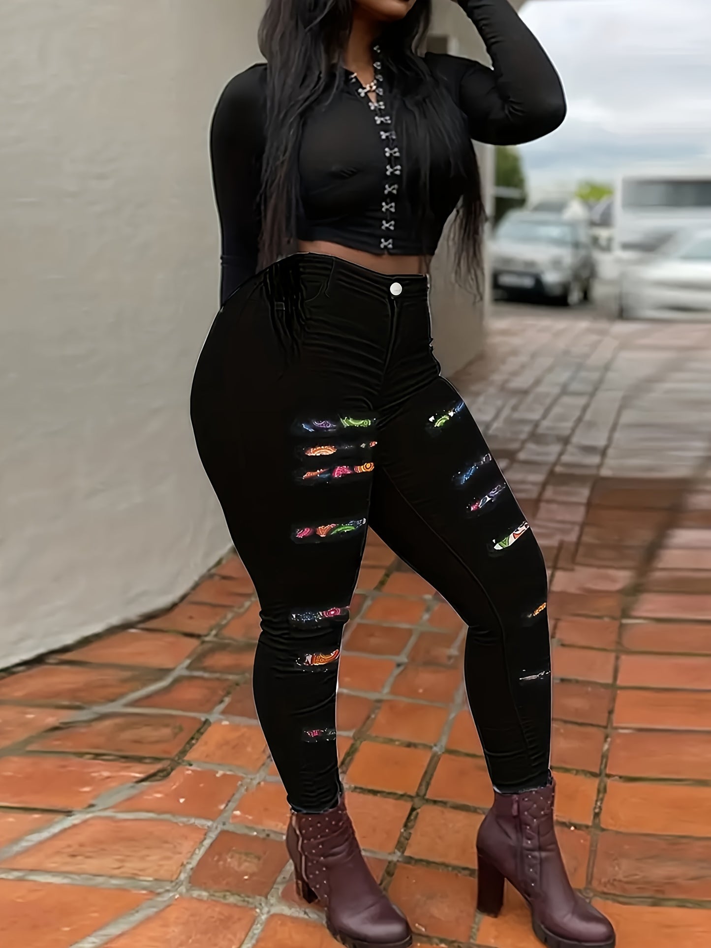 Women's Plus Size Casual Skinny Printed Patchwork Ripped Denim Jeans With Stretch, Full Length Pencil Pants, Fashion Printed Trousers