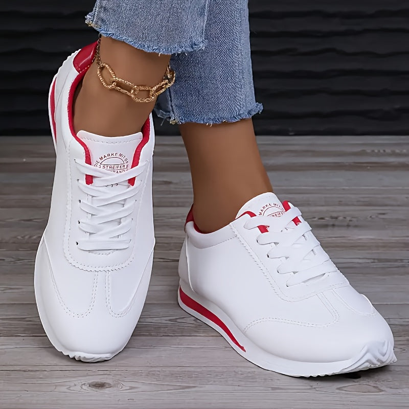 2025 New Women's Low-Top Skateboard Sneakers - Breathable Synthetic Cover & Fabric Upper, Comfortable Rubber Sole, White with Red Accents - Sporty Casual Shoes for All-Season Outdoor Wear, Skate Shoes, Sleek Sneaker Design, F
