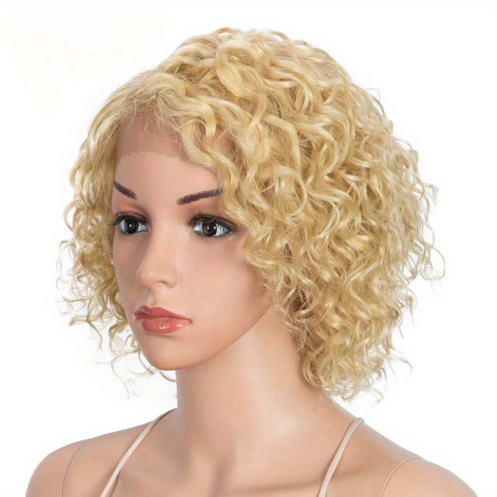 10" Human Hair Afro Wigs Short Curly Wigs for Black Women Lace Front Side Part Wigs (10 Inch, 613)