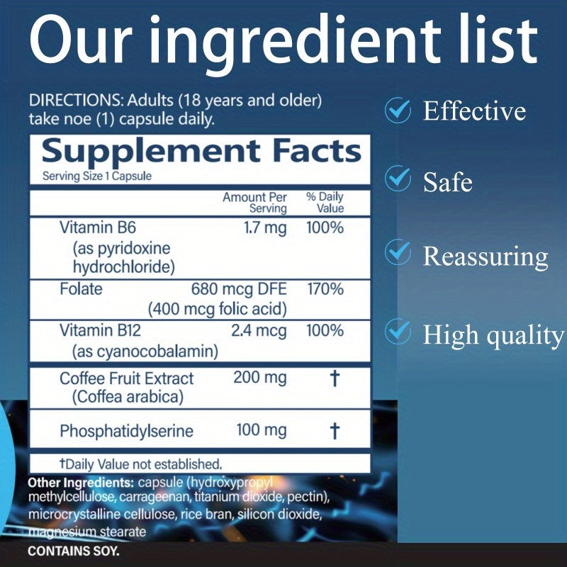 SNWS Brain Energy Supplement with Vitamins B6 & B12 - Focus, Memory & Learning Enhancer, 60 Capsules, Improves Attention, Accuracy & Reasoning, Non-Toxic Formula for Daily Use