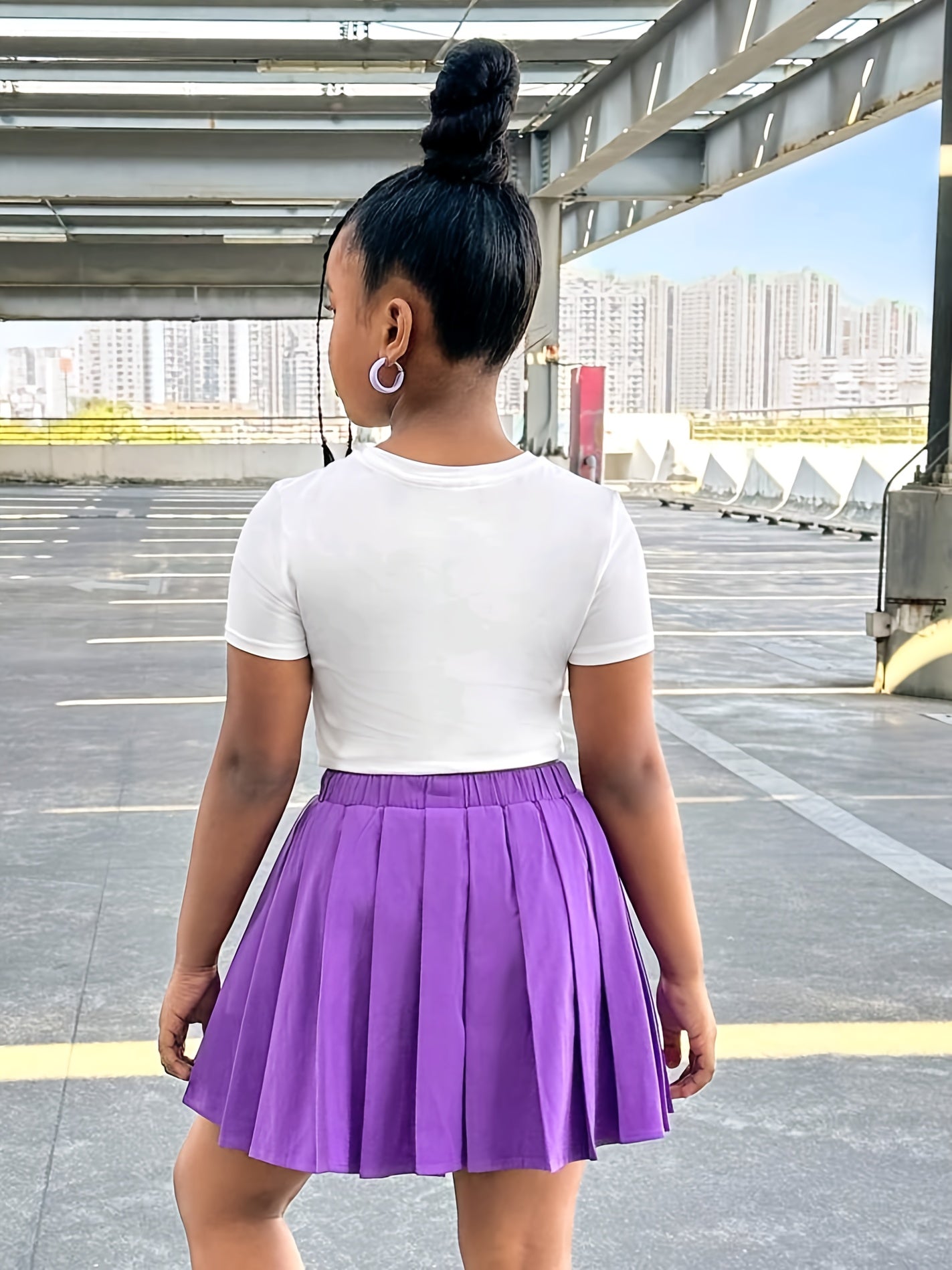 Teenage Girls' Heart-shaped Printed Short-sleeved Top And Pleated Skirt Two-piece Set, Suitable For Summer Casual, For Teenager