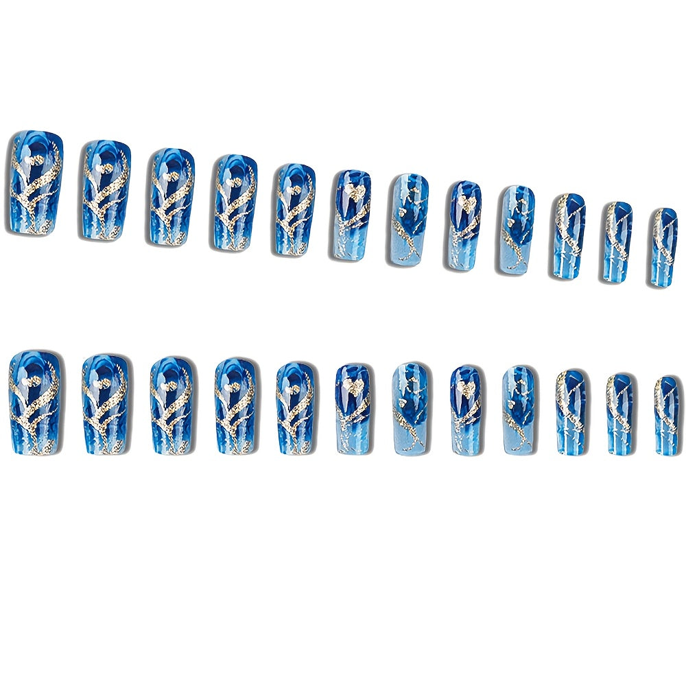 24pcs Ballet Shape False Nails - French Blue with Golden Stripes & Heart Designs, Medium Length Glossy Press-On Nails for Women & Girls, Elegant Glamour for Parties, Weddings, Daily Wear