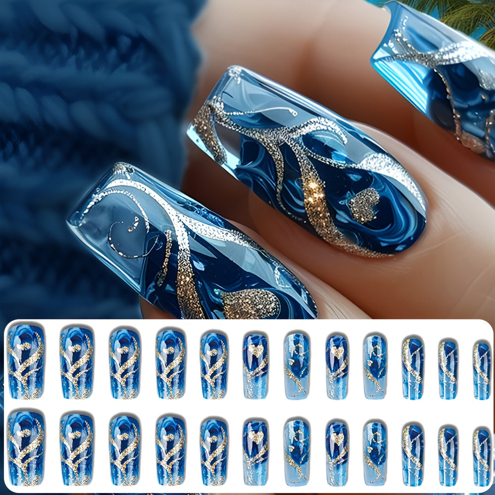 24pcs Ballet Shape False Nails - French Blue with Golden Stripes & Heart Designs, Medium Length Glossy Press-On Nails for Women & Girls, Elegant Glamour for Parties, Weddings, Daily Wear