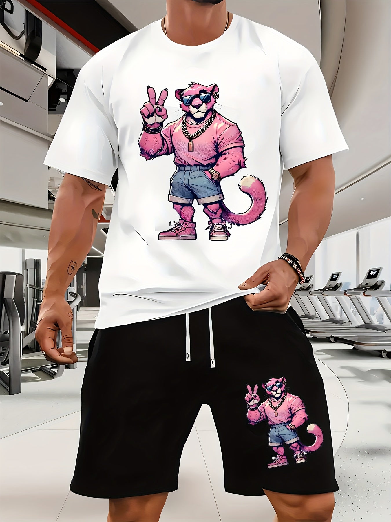 A Casual Sports Set Consisting of a Short-Sleeve T-Shirt Featuring a Stylish Pink Panther Cartoon Print And Fitted Shorts, Perfect for Spring And Summer Outfits.