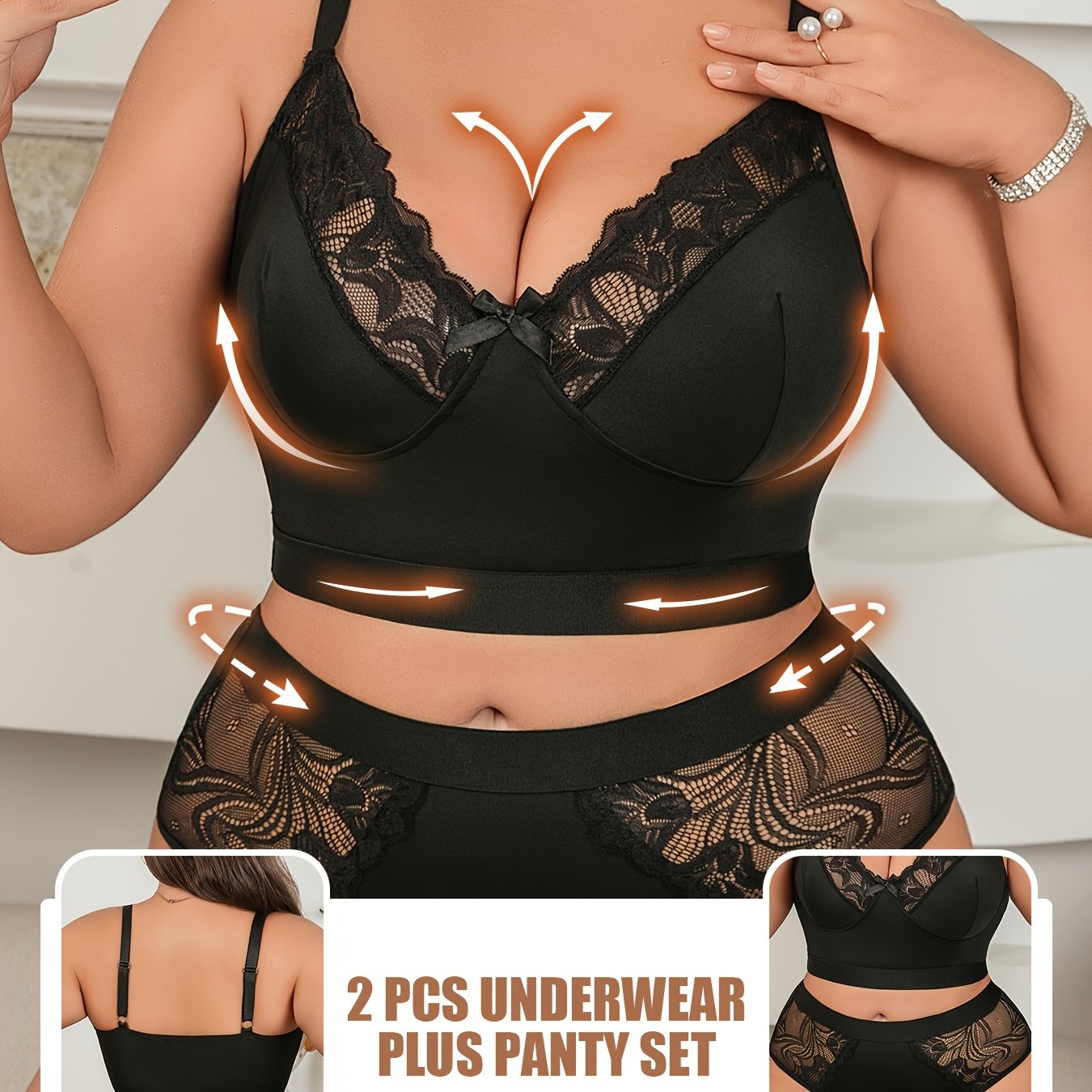 Plus Size Sexy Lace Lingerie Set Lace Lace Neckline Bowknot Backless Bra Sexy Semi-Sheer Temptation Erotic Lingerie Panties Two Sets