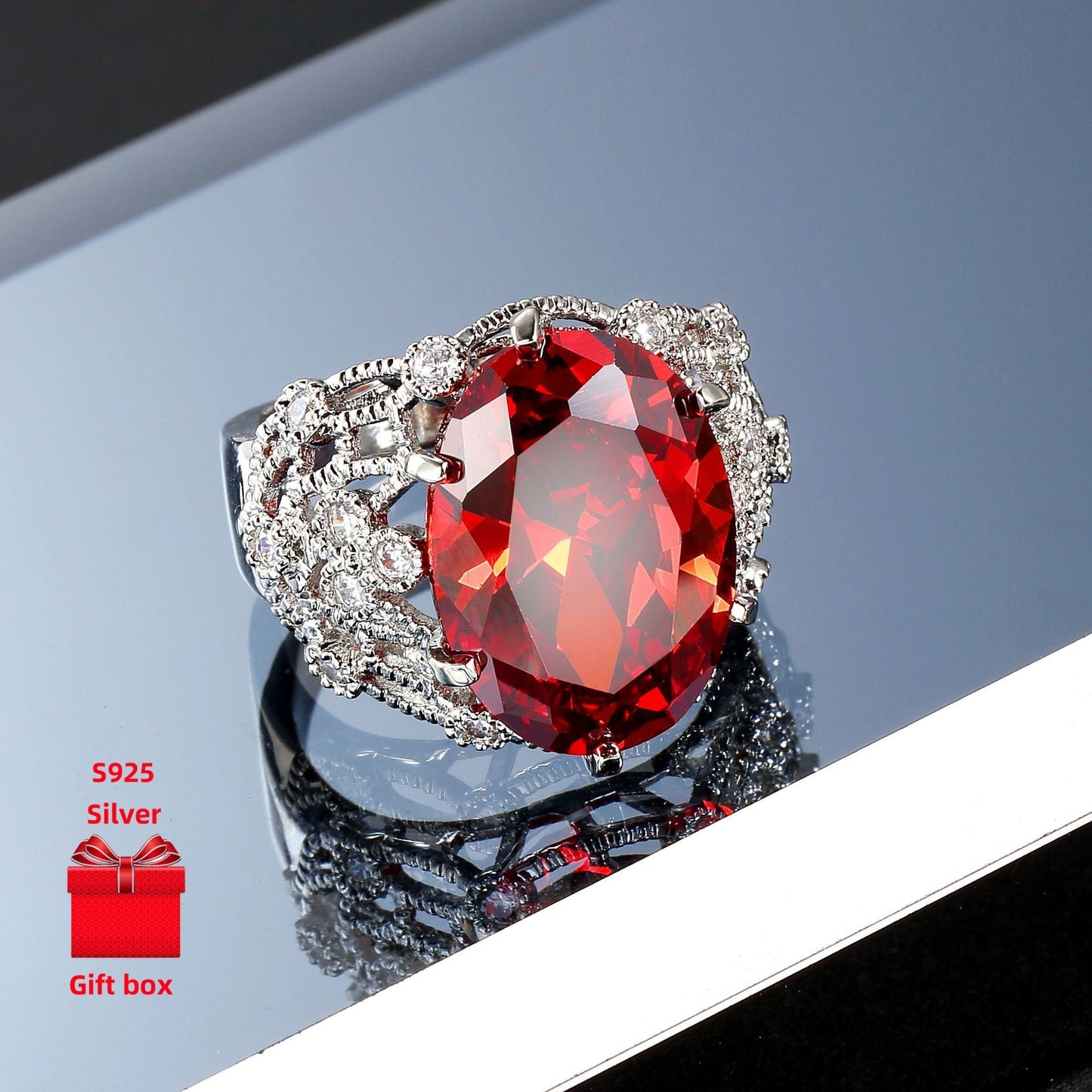 925 sterling silver ring, red oval ring, wide face ring, exquisite and shiny. Ladies' rings, hypoallergenic.gift jewelry boxes, suitable for birthday gifts, holiday gifts, Valentine's Day gifts, and Summer cool accessories. S