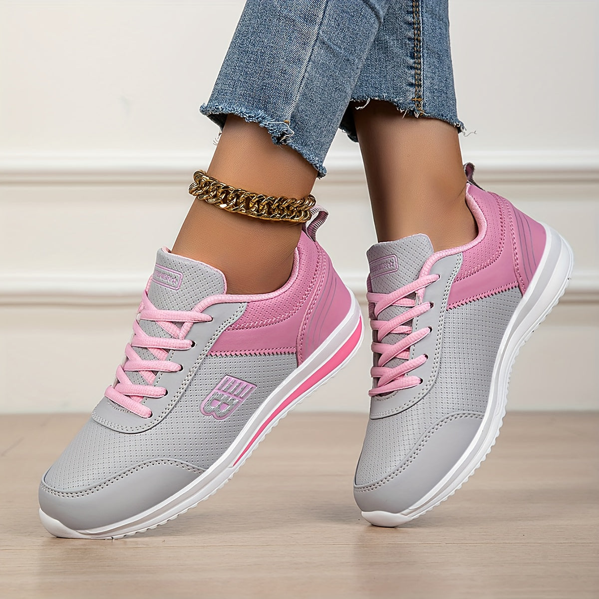 Women's Grey & Pink Low-Top Sneakers - Breathable Lace-Up Casual & Sneakers with Cushioned Sole, All-Season Soft Sole for Running, Gym, Casual Attire - Grey/Pink Upper & Tapered Toe Design (Hand Washable)