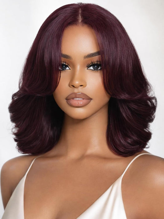 UNICE Black Cherry Body Wave Bob Wig Human Hair 7x5 Glueless Lace Front Drawstring Wig Pre Plucked Pre Cut with Curtain Bangs 10 inch