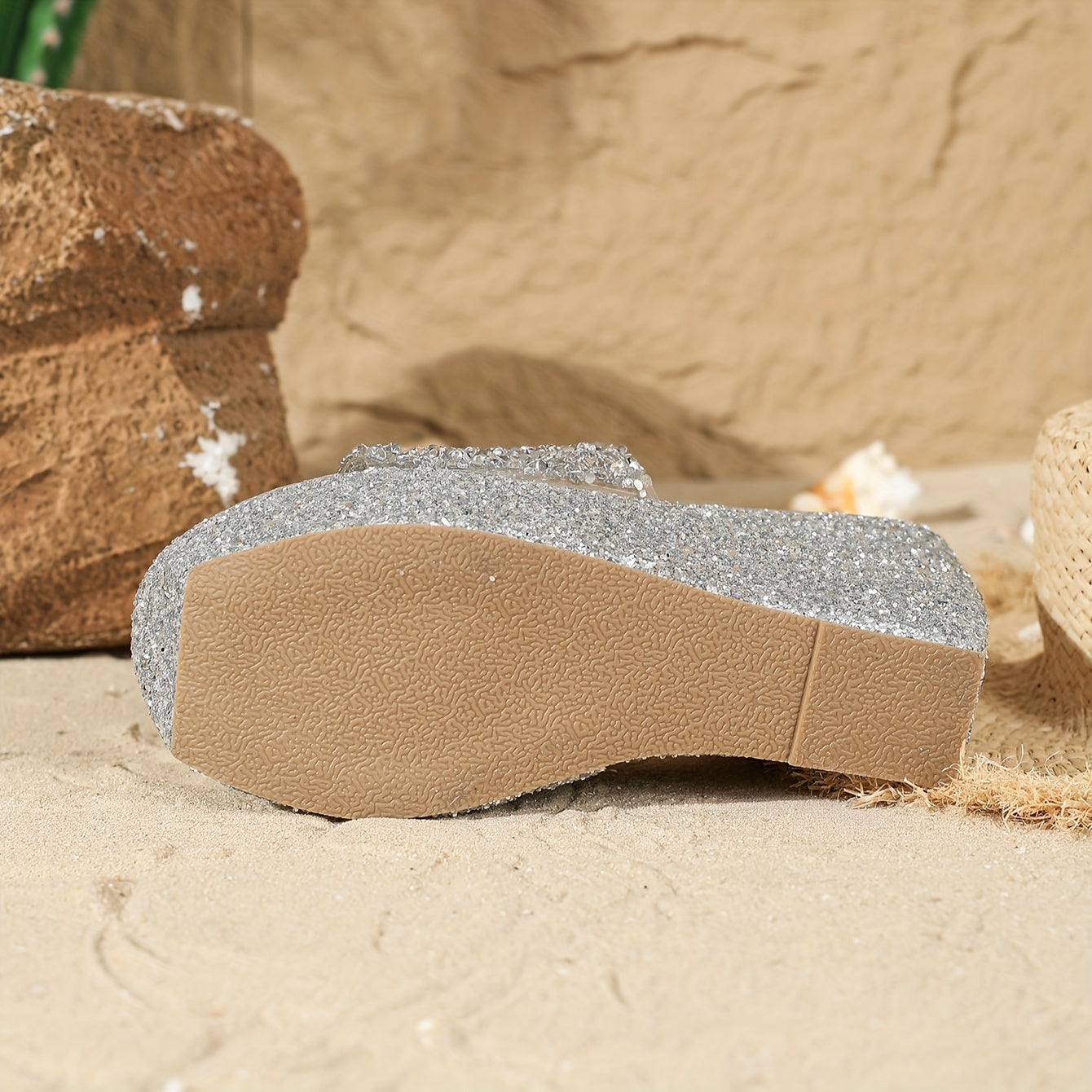 A Pair Of Women's Platform Sandals With Thick High Heels, Waterproof Soles, One-step Slip-on Design, Shiny Rhinestones And Wedge Heels.