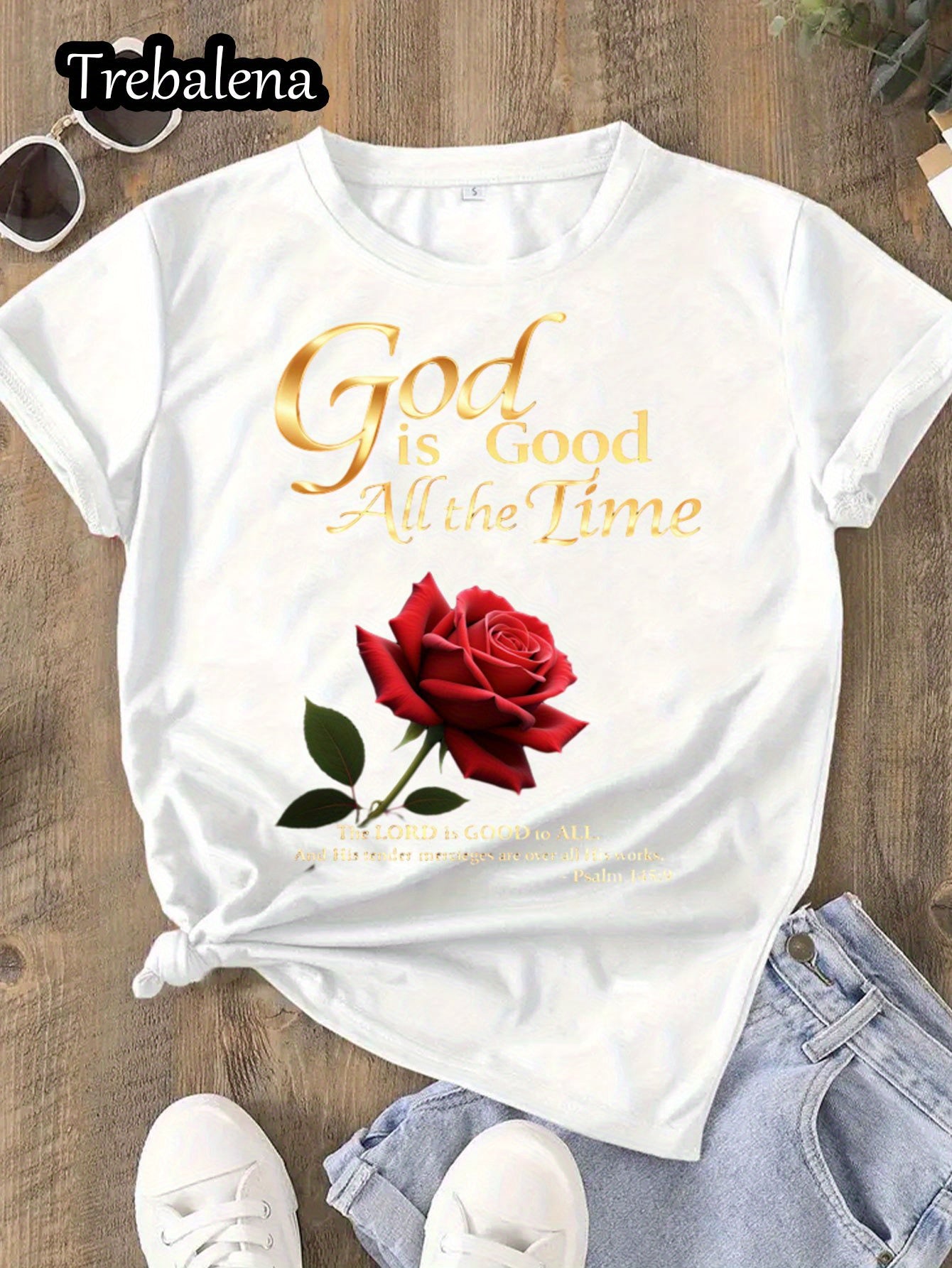 Plus Size Women's 100% Cotton Christian Faith T-Shirt - "God is Good All The Time" Black Tee with Red Rose & Psalm 145:9 Design, Casual Round Neck Short Sleeve Top for Mother's Day, Juneteenth, Spring/Summer (0XL-4XL), Everyd