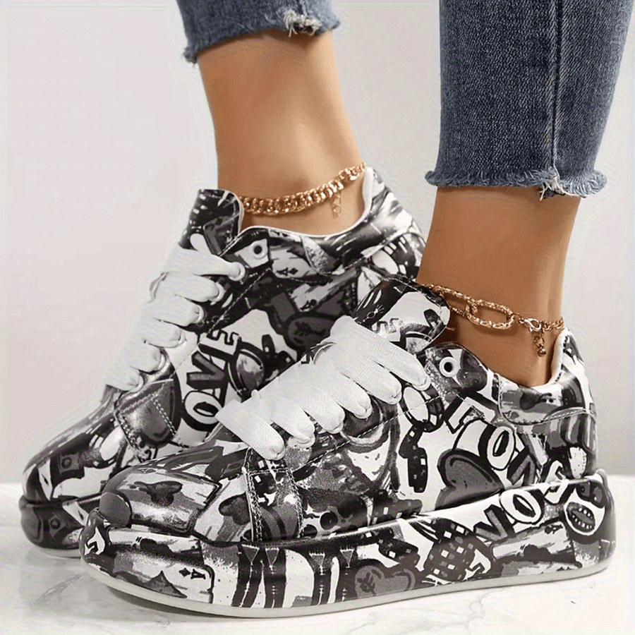 Women'S Breathable Low-Top Lace-Up Sneakers with Thick Rubber Sole- Monochrome Graphic Print Casual Shoes for Petite Women, All-Season Versatile Sneakers with Synthetic Cover Upper, Ladies Sneakers, Everyday Footwear, Modern