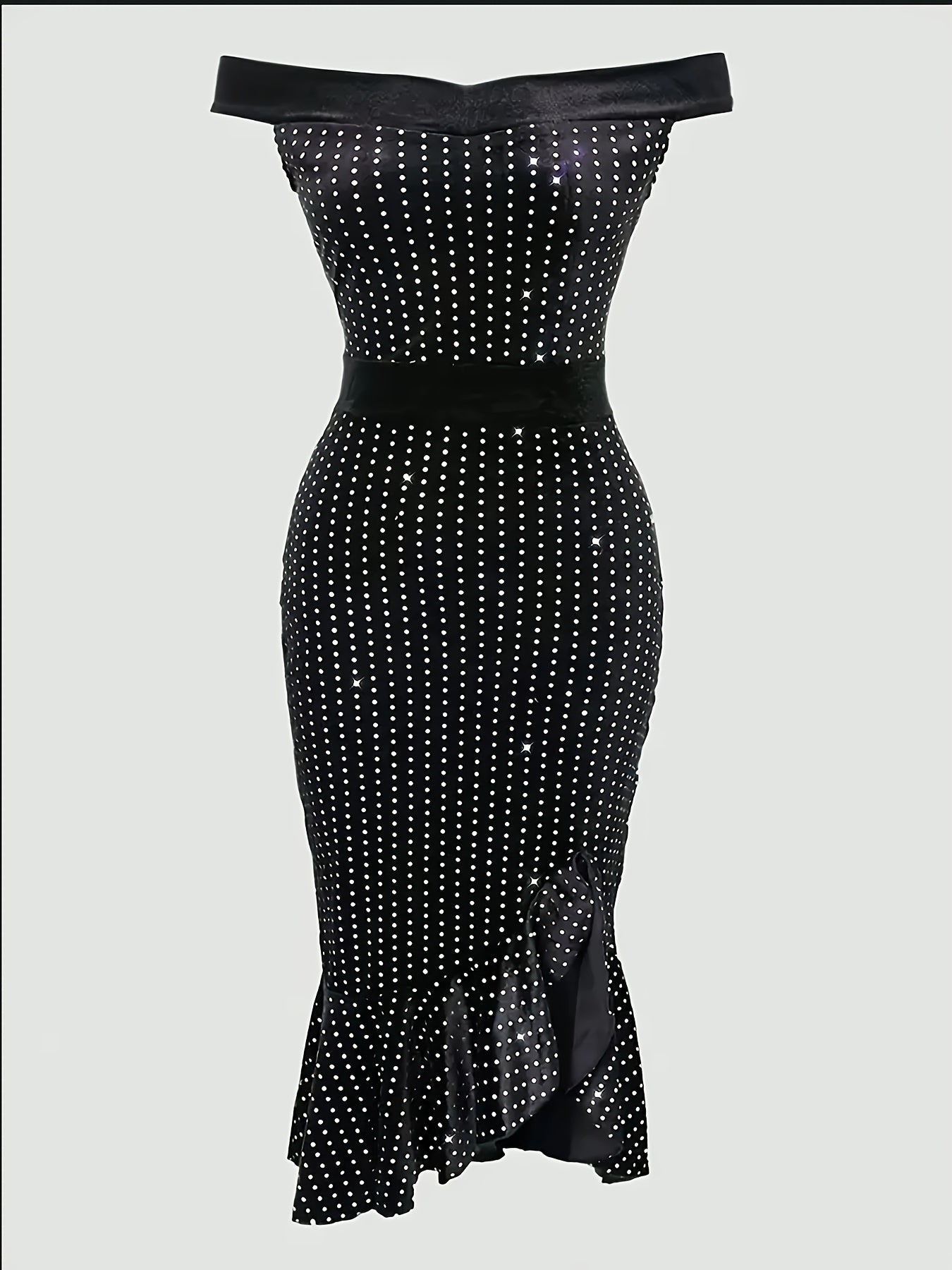 Plus Size - Elegant Plus-Size Sequin Dress for Women - Off the Shoulder, Ruffle Hem, Stretchy Polyester, Black Polka Dot Design, Perfect for Vacation & All-Season Wear, Elegant Event Attire | Offshoulder Dress | Polka Dot Pat