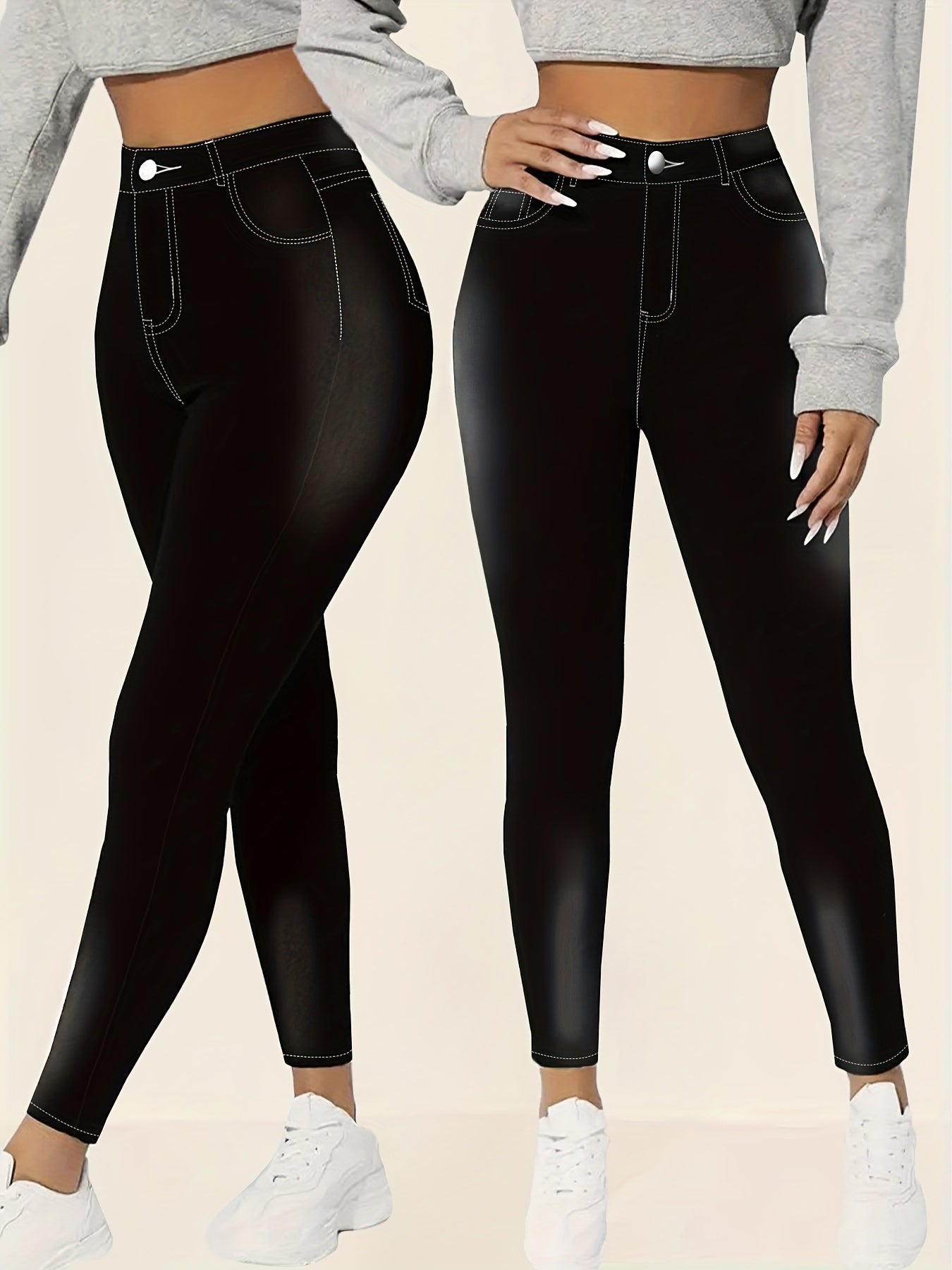 Plus Size Women'S High Waist Stretch Skinny Jeans - Black Distressed Washed, Brushed White Zipper Closure, Slash Pockets, Casual Comfort All-Match