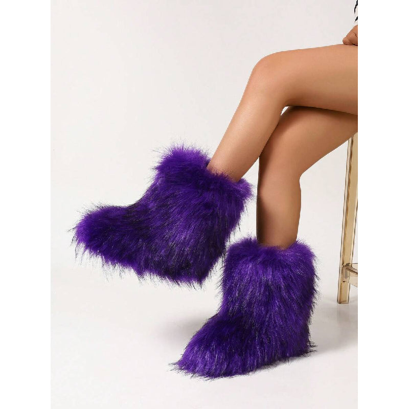 's Faux Fur Fur-Real Faux Fur-Like Winter Boots - Plush Warm Microfiber Furry Round Toe & Faux Fur Collar-like Ankle, Short Mid-Calf Cushioned Comfortable Indoor/Outdoor Purple (No-) Short Boots - Cozy Winter Shoes for Dresse