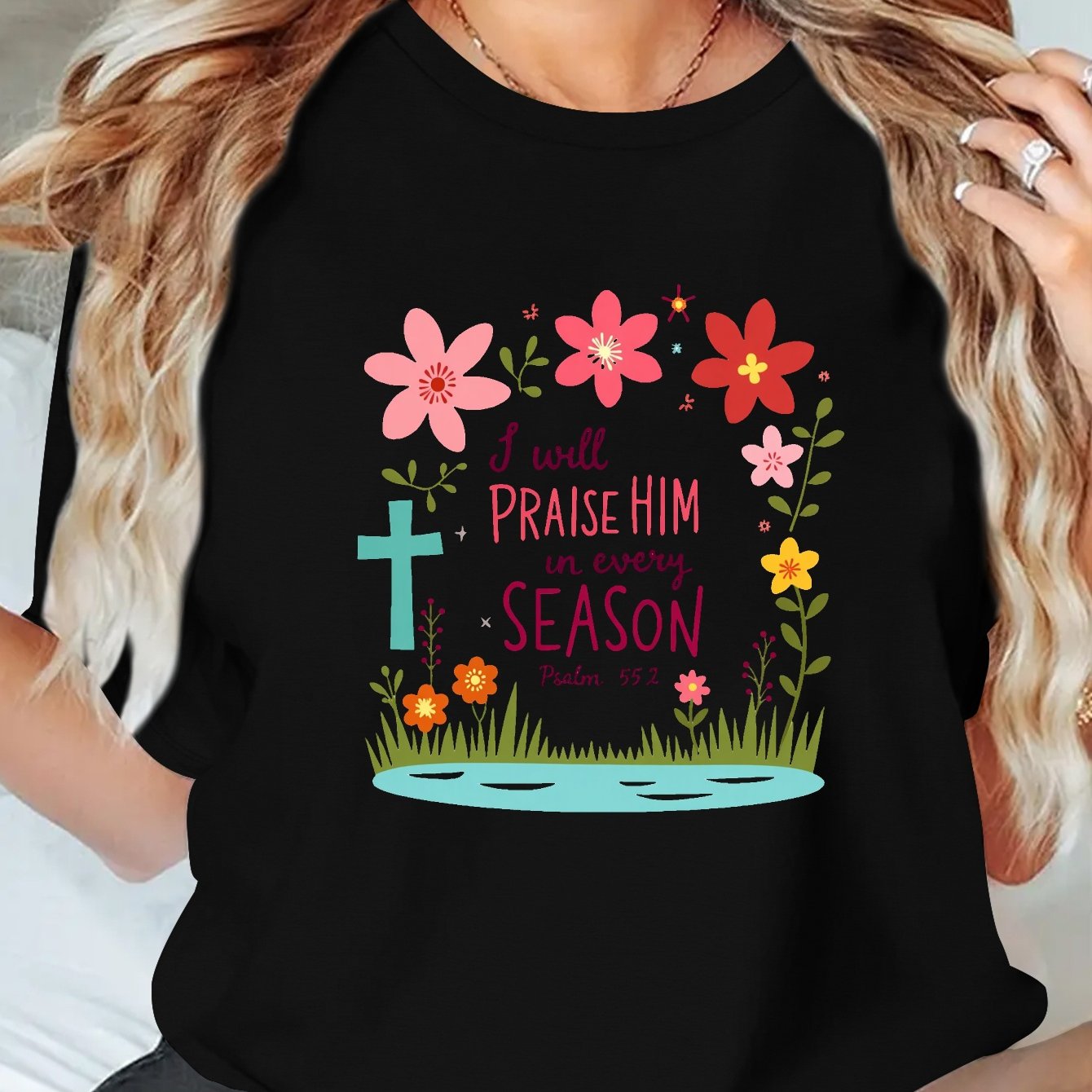 Women's Large Christian Faith Apparel T-Shirt - Praise Him Every Season Psalm Quote (Psalm 148:6) Religious Tee - Dark Background with Red Floral Cross Design - Breathable Casual Church Outfit - Machine Washable All-Season Sp