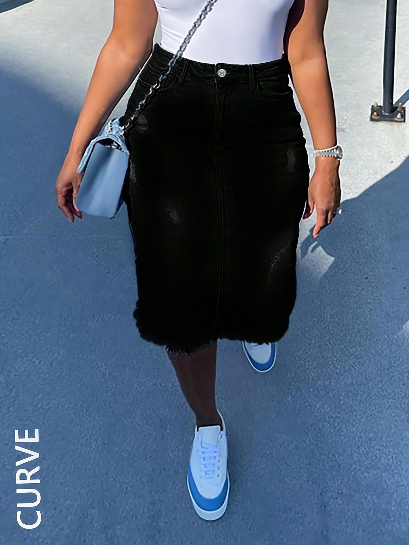 Plus Size Women's Stretchy High Waisted Bodycon A-Line Denim Skirt - Sexy Casual Mini Skirt with Back Slit & Raw Hem, Machine Washable, Pockets, Solid Black for Spring/Summer/Fall, High Waisted Skirt, Seasonal Fashion, Stylis