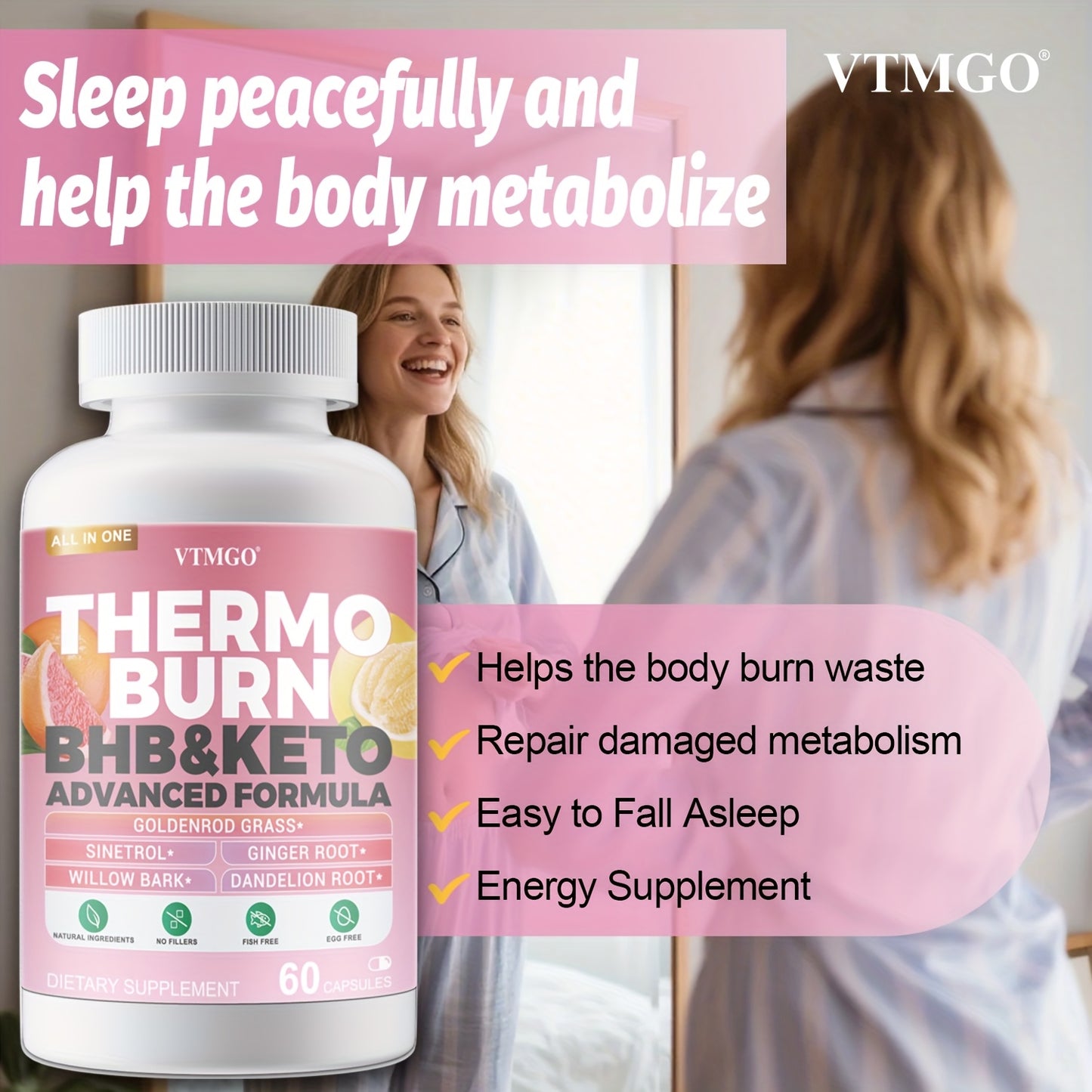 THERMO BURN Capsules Contain Caffeine, Flavonoids, Ginger Root, And Dandelion Root. Natural Ingredients Can Help You Maintain Your Figure And Help Through Metabolism - VTMGO